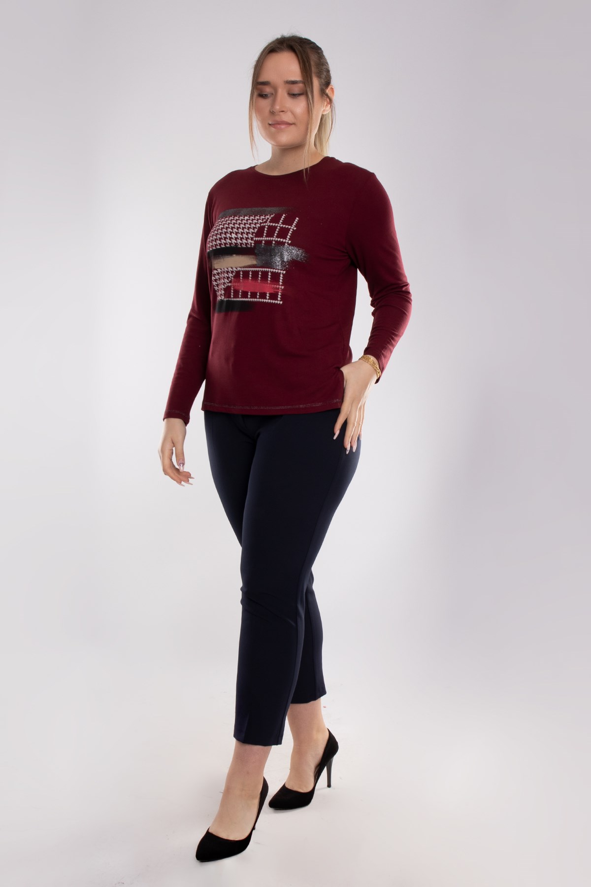 5031 Büyük Beden Kazayağı Desen Renkli Sim Detay Viscon Kadın Bluz