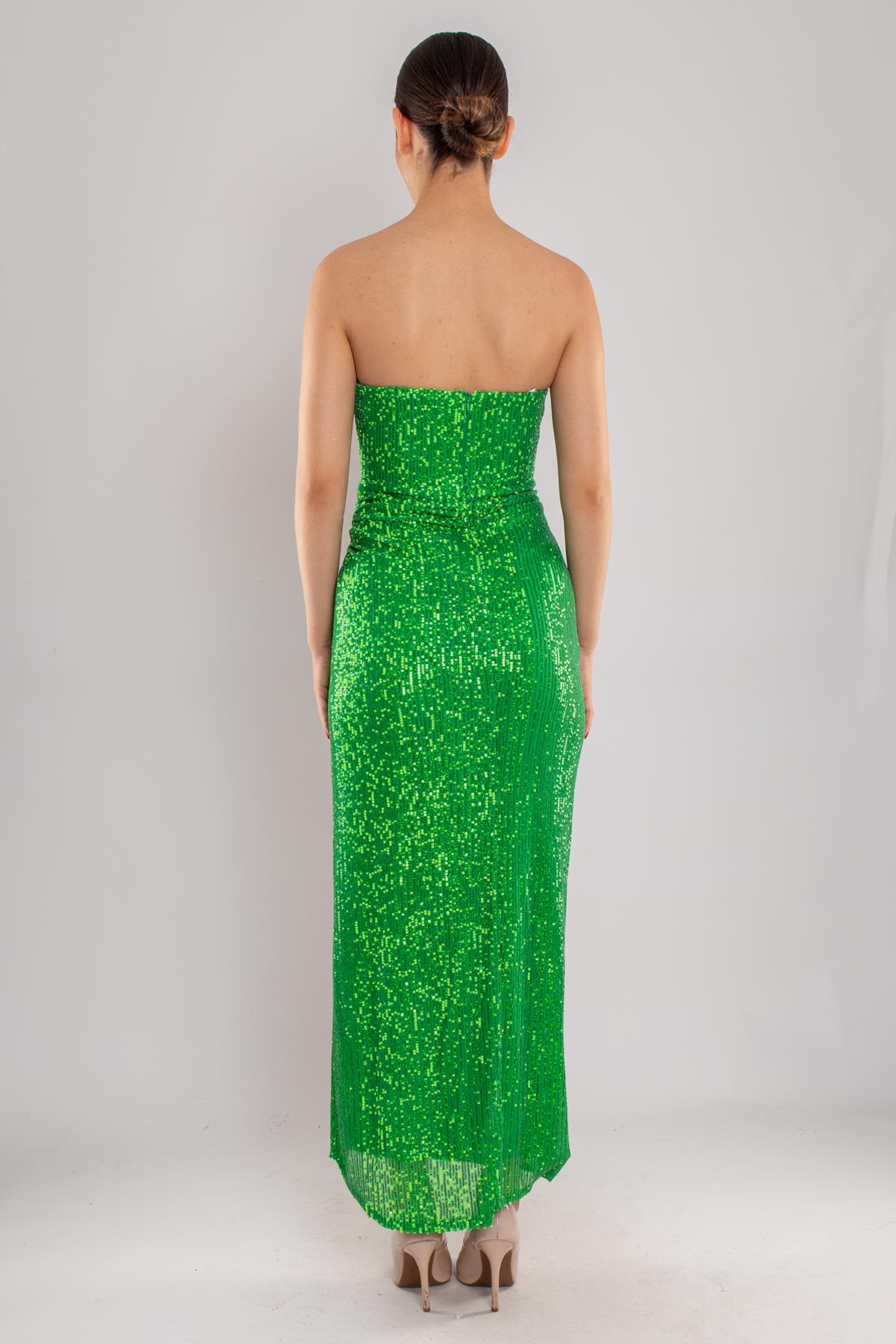 5034 Straplez Önü Büzgülü Pulpayet Uzun Elbise