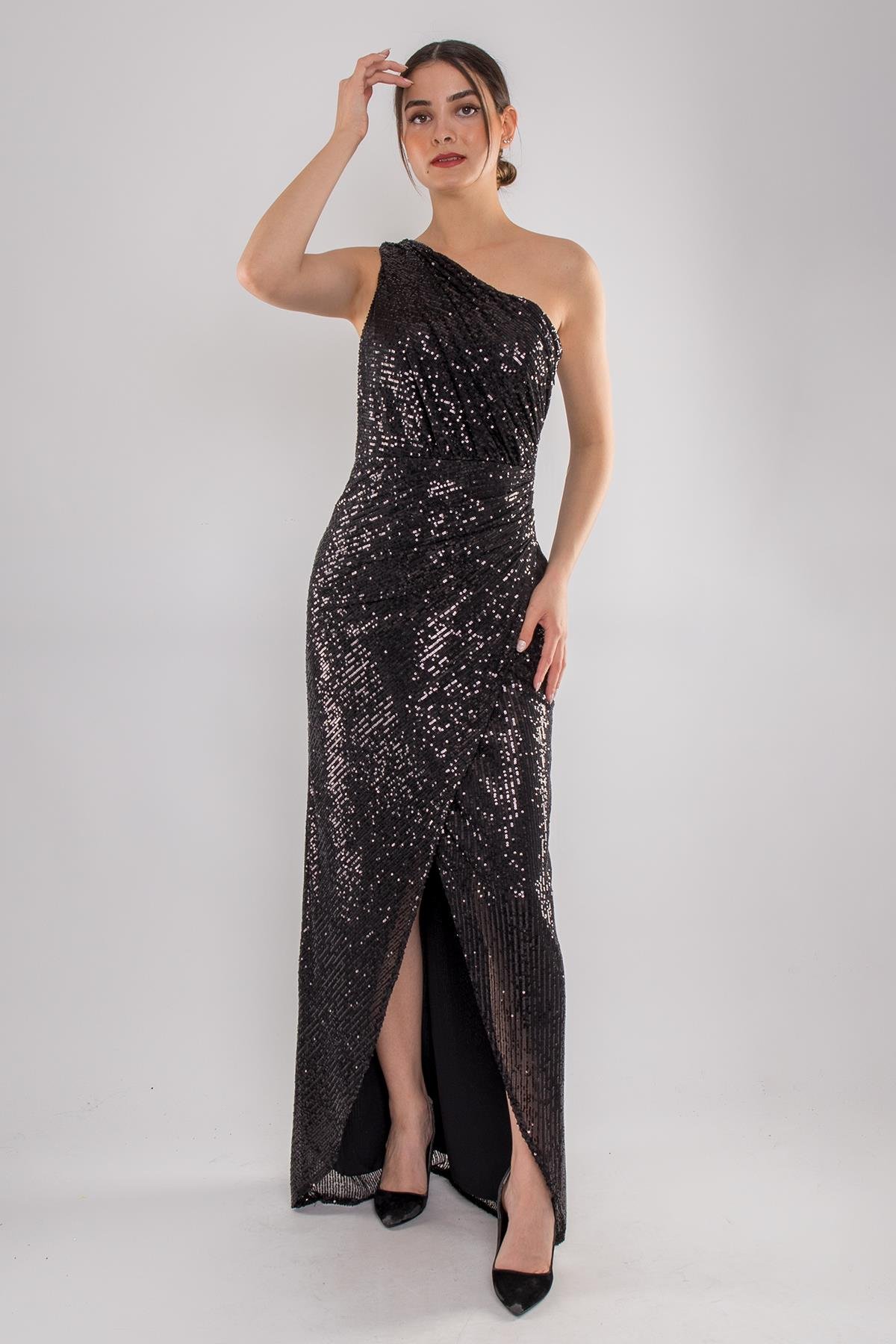 5037 Tek Omuz Drapeli Pulpayet Uzun Elbise