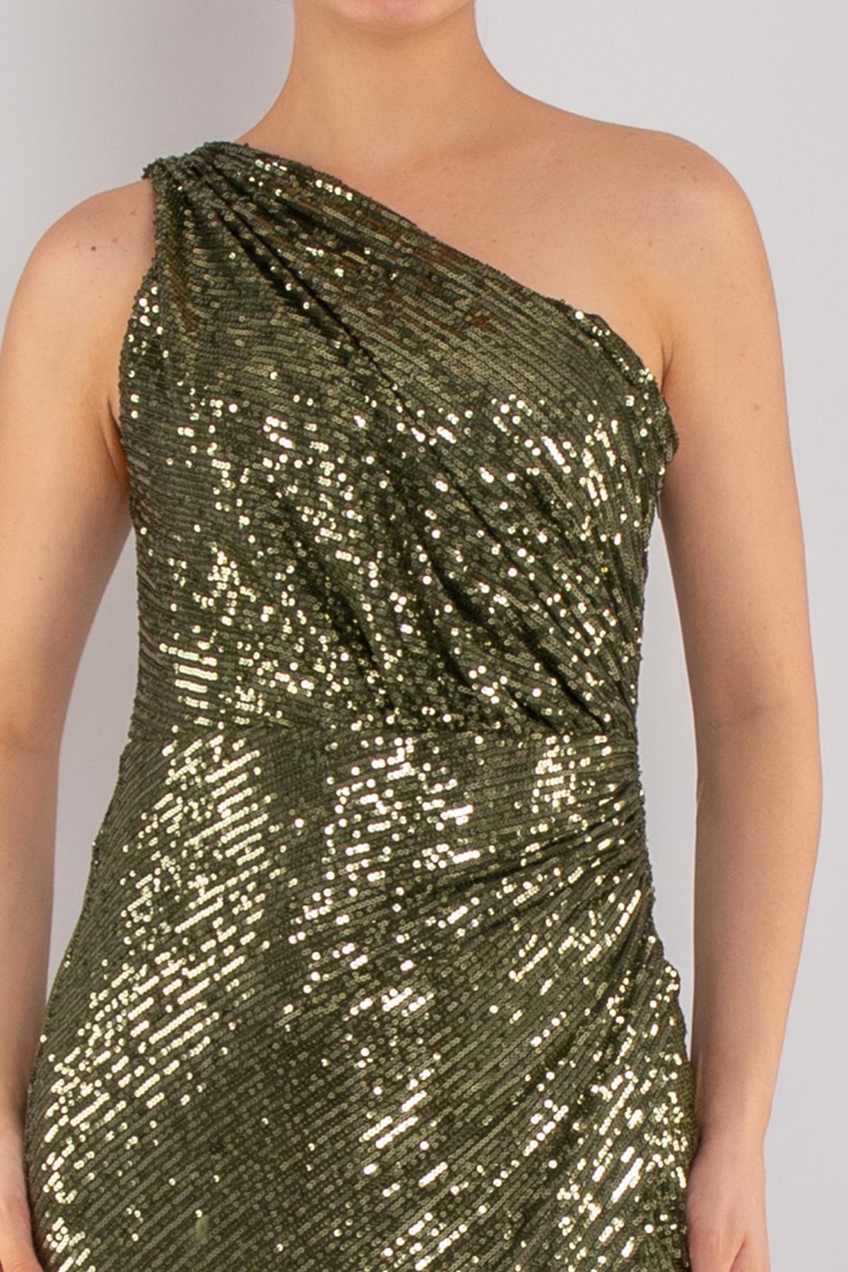 5037 Tek Omuz Drapeli Pulpayet Uzun Elbise