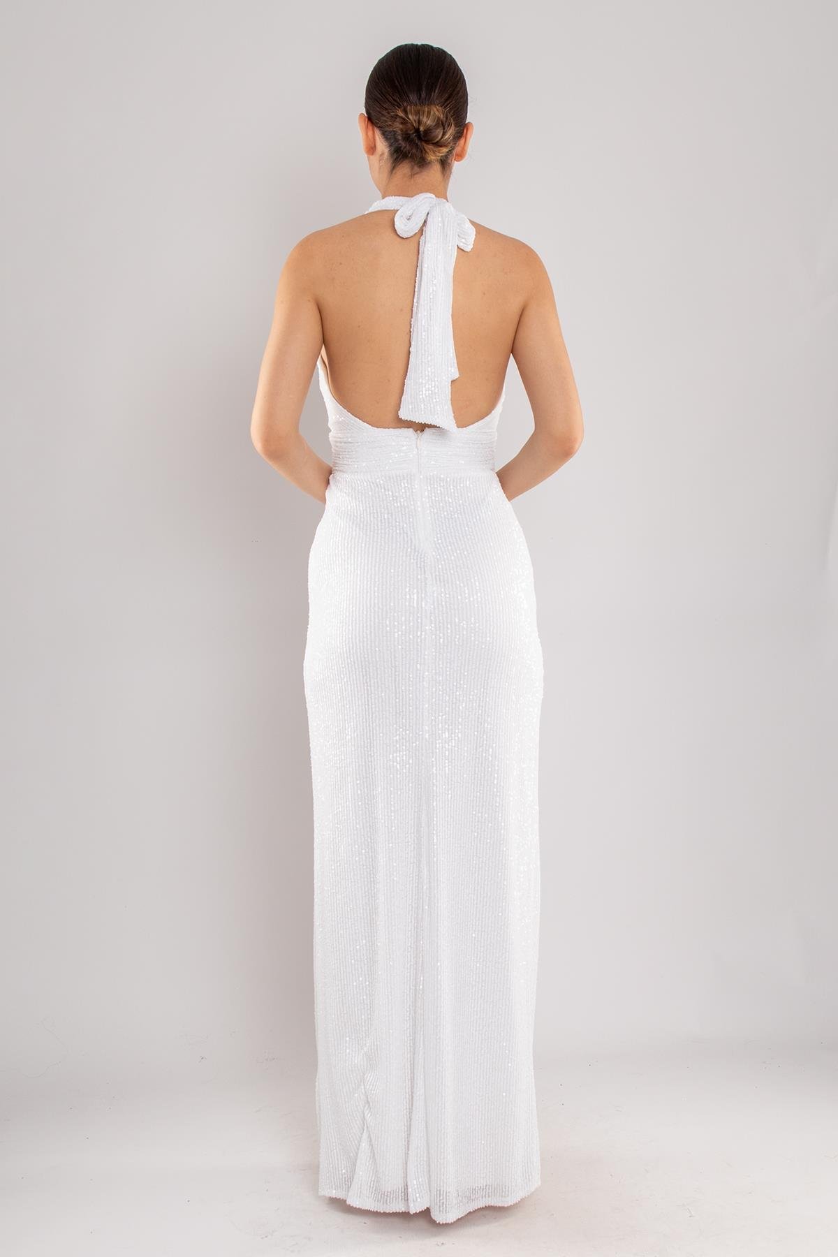 5039 Çapraz Kalın Askı Pulpayet Uzun Elbise