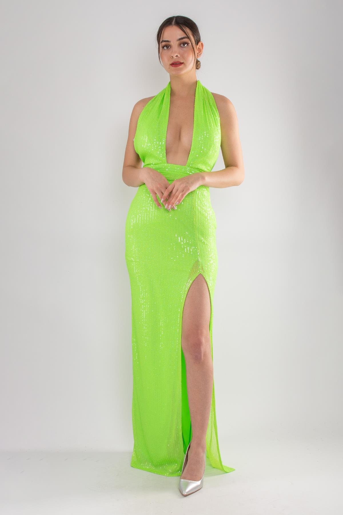 5039 Çapraz Kalın Askı Pulpayet Uzun Elbise