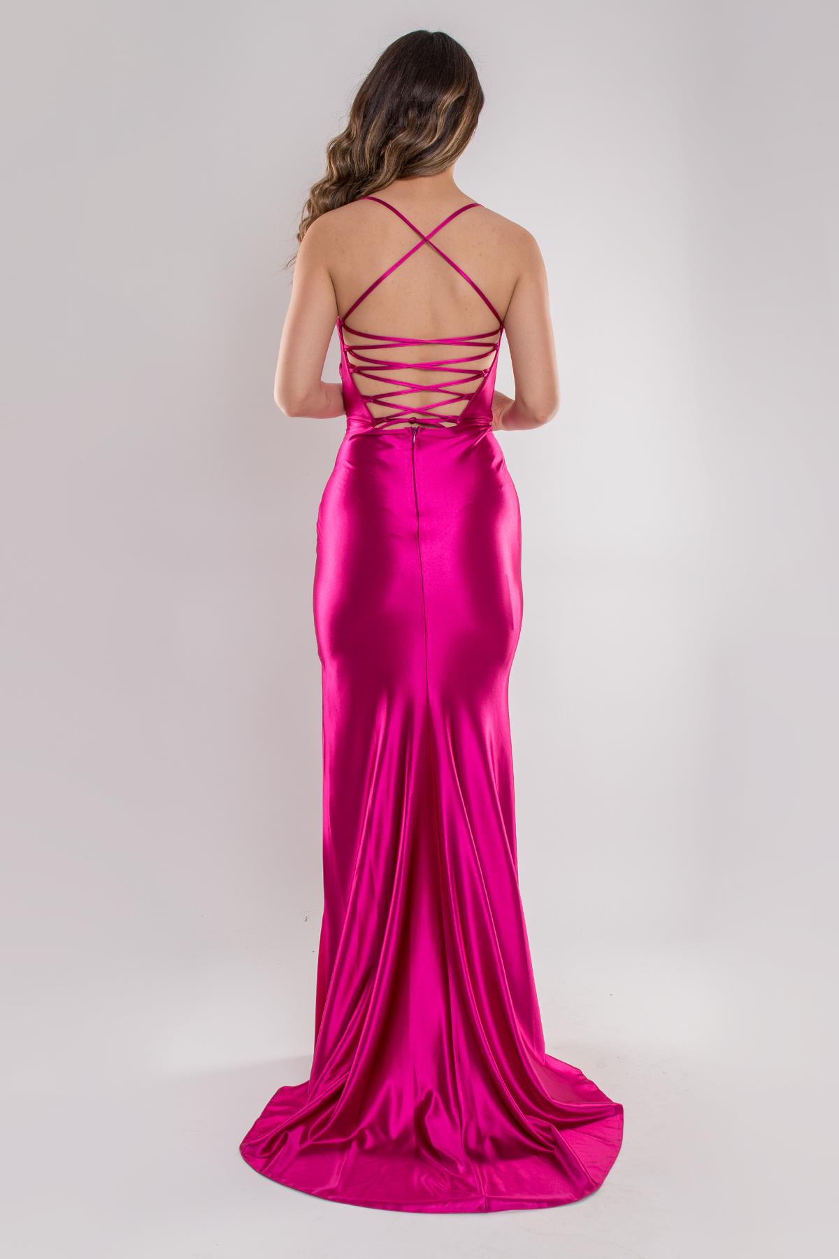 5040 Sırt Dekolte İpli Balık Model Uzun Saten Elbise