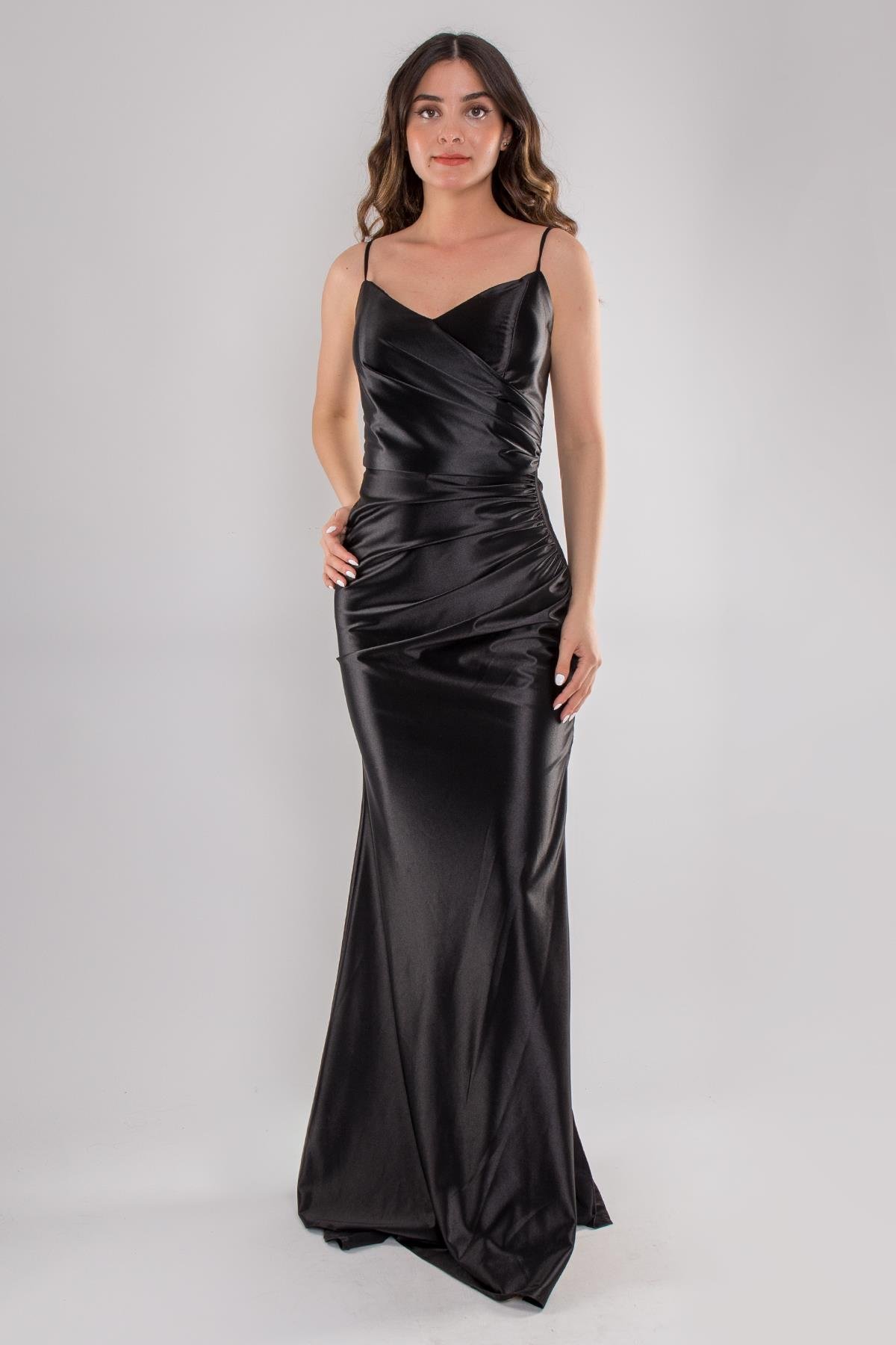 5040 Sırt Dekolte İpli Balık Model Uzun Saten Elbise