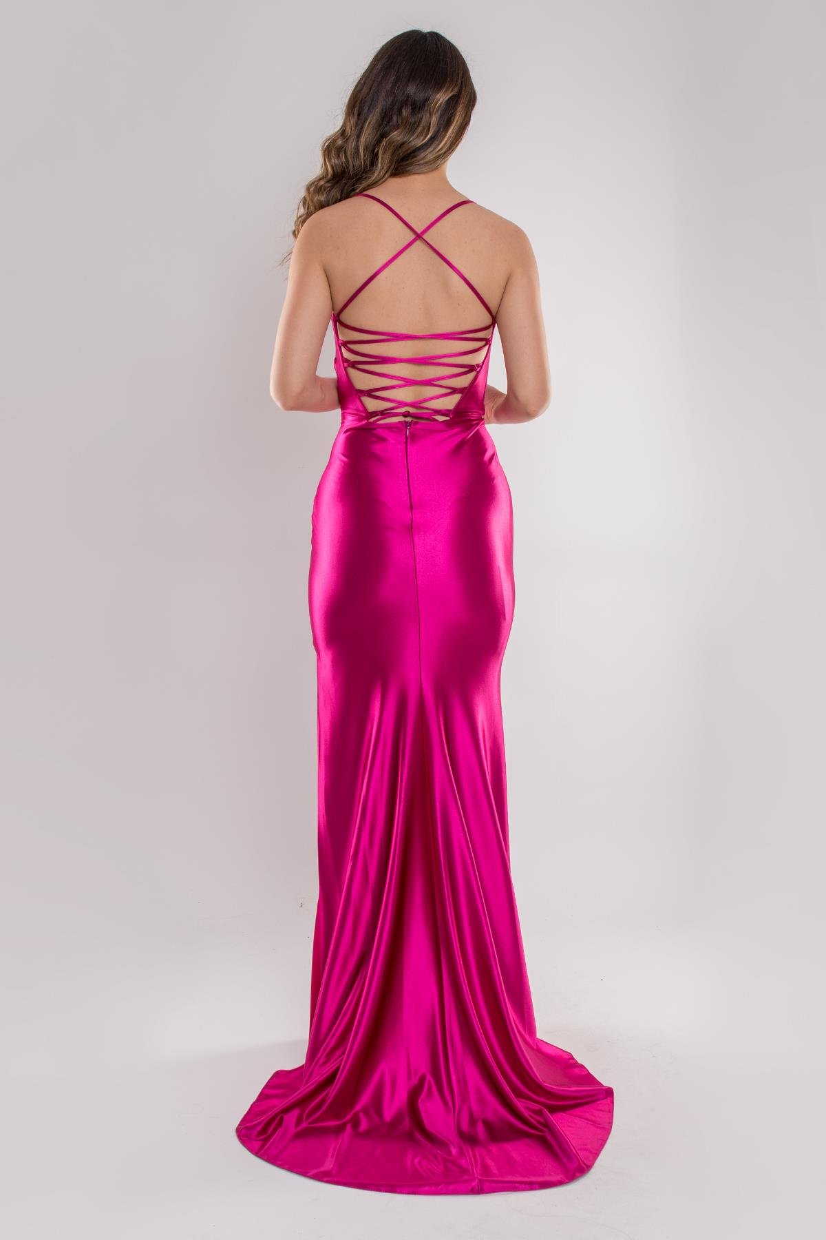 5040 Sırt Dekolte İpli Balık Model Uzun Saten Elbise