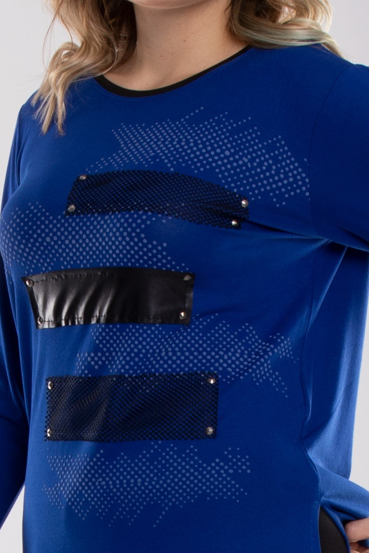 5042 Büyük Beden Zigzag File Detay Derili Viscon Kadın Bluz