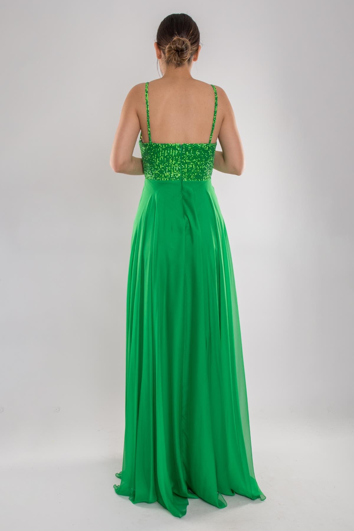 5045 İp Askı Göğüs Payet İşli Kristal Şifon Uzun Kloş Elbise