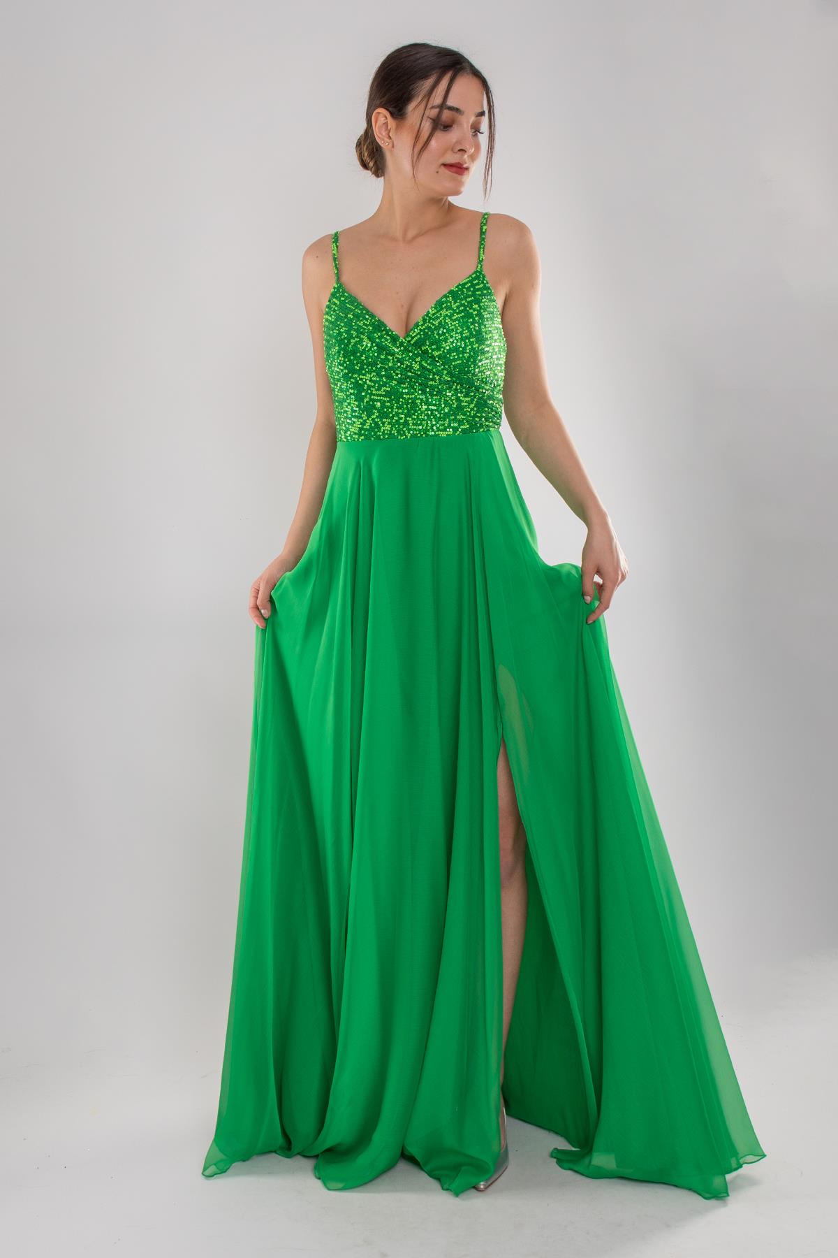 5045 İp Askı Göğüs Payet İşli Kristal Şifon Uzun Kloş Elbise