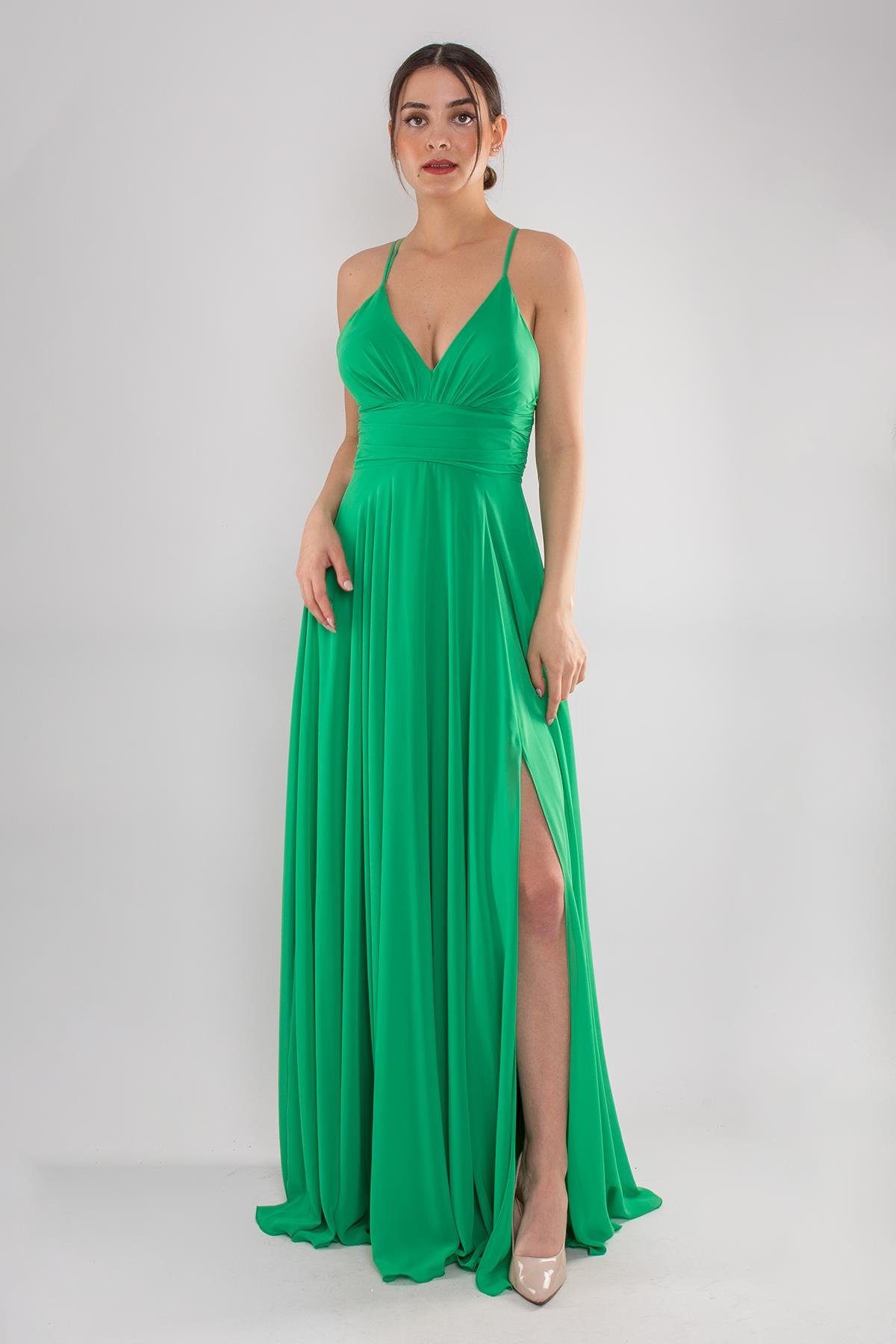 5046 Arkası Çapraz İpli Şifon Kloş Uzun Elbise