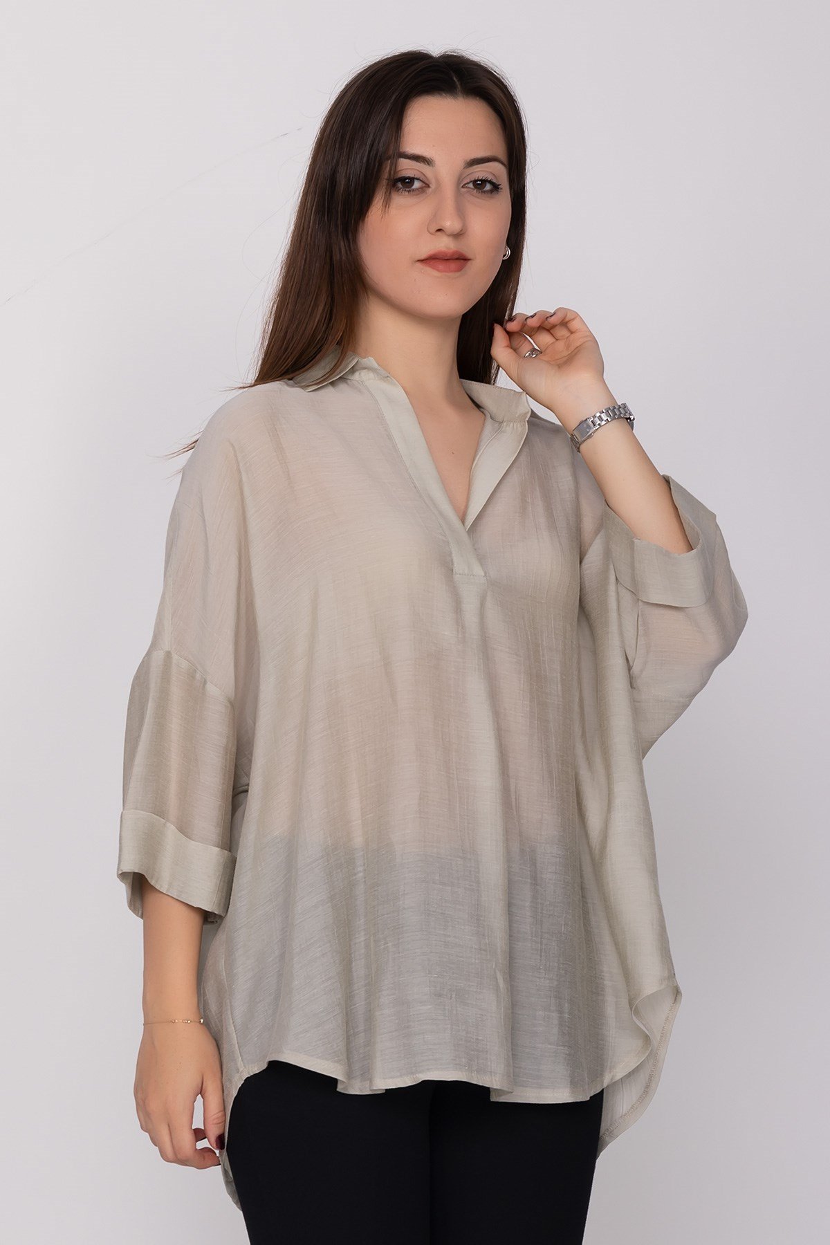 50466 Tencel Kumaş Düşük Kol Gömlek