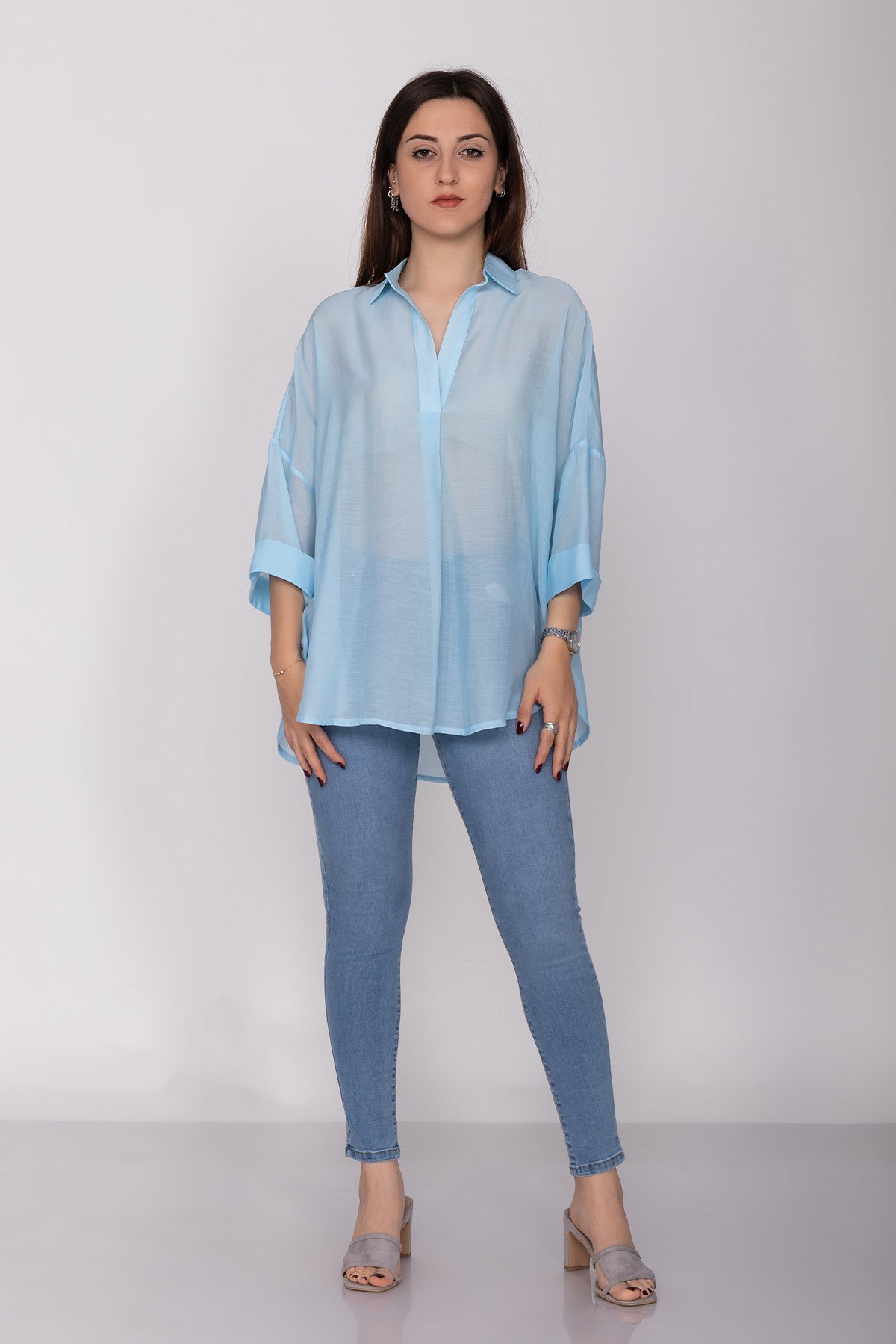 50466 Tencel Kumaş Düşük Kol Gömlek