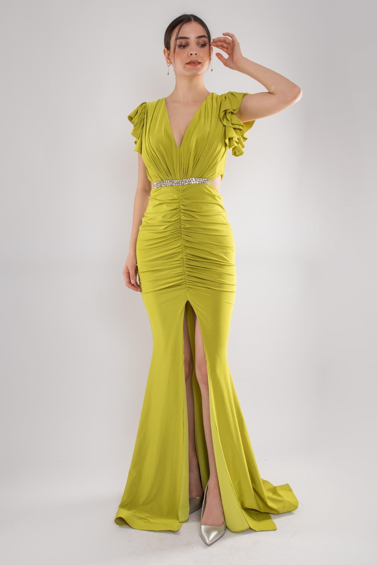 5047 Likralı Kristal Buzi Beli Taşlı Eteği Drape Uzun Elbise