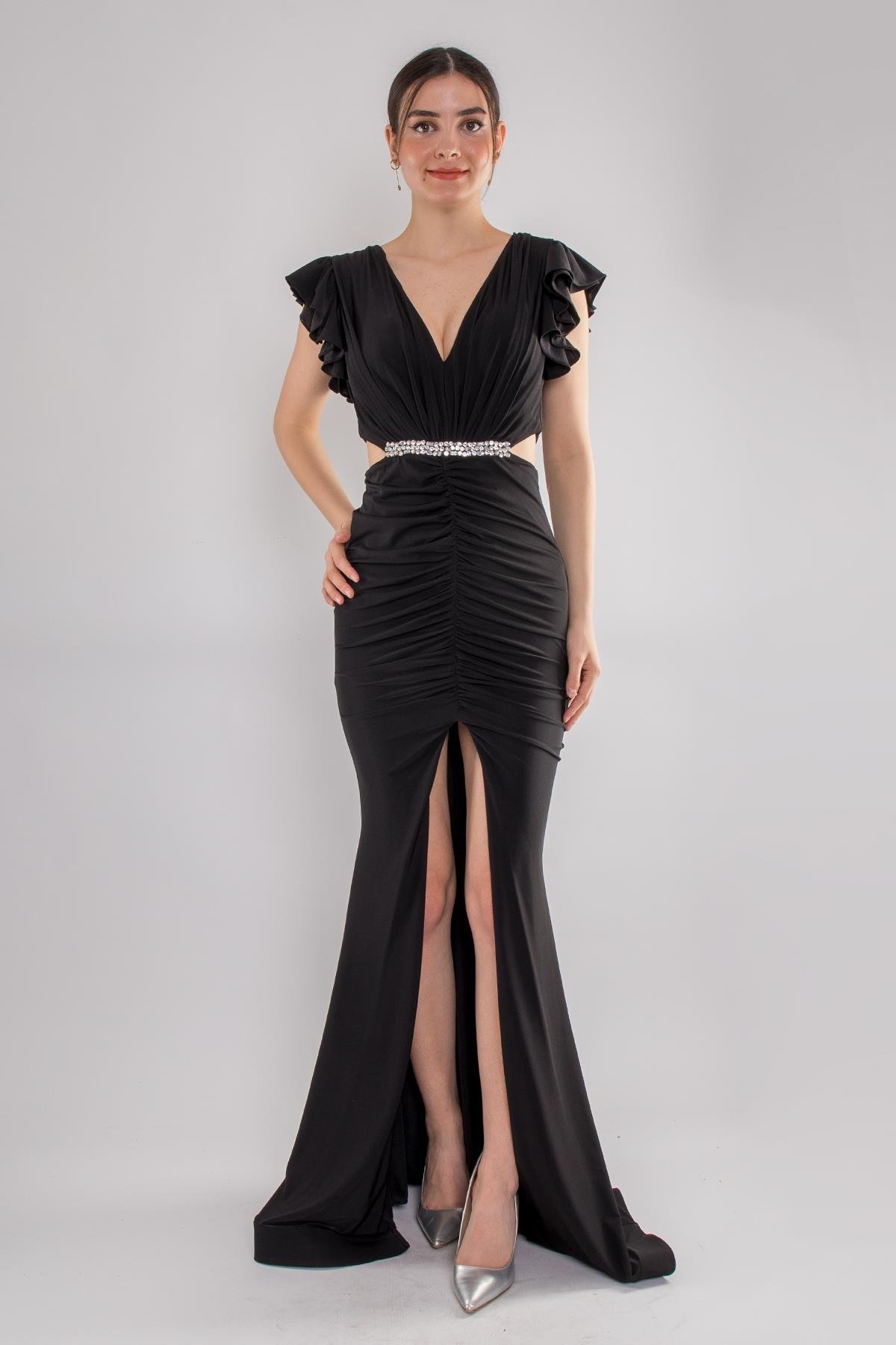 5047 Likralı Kristal Buzi Beli Taşlı Eteği Drape Uzun Elbise