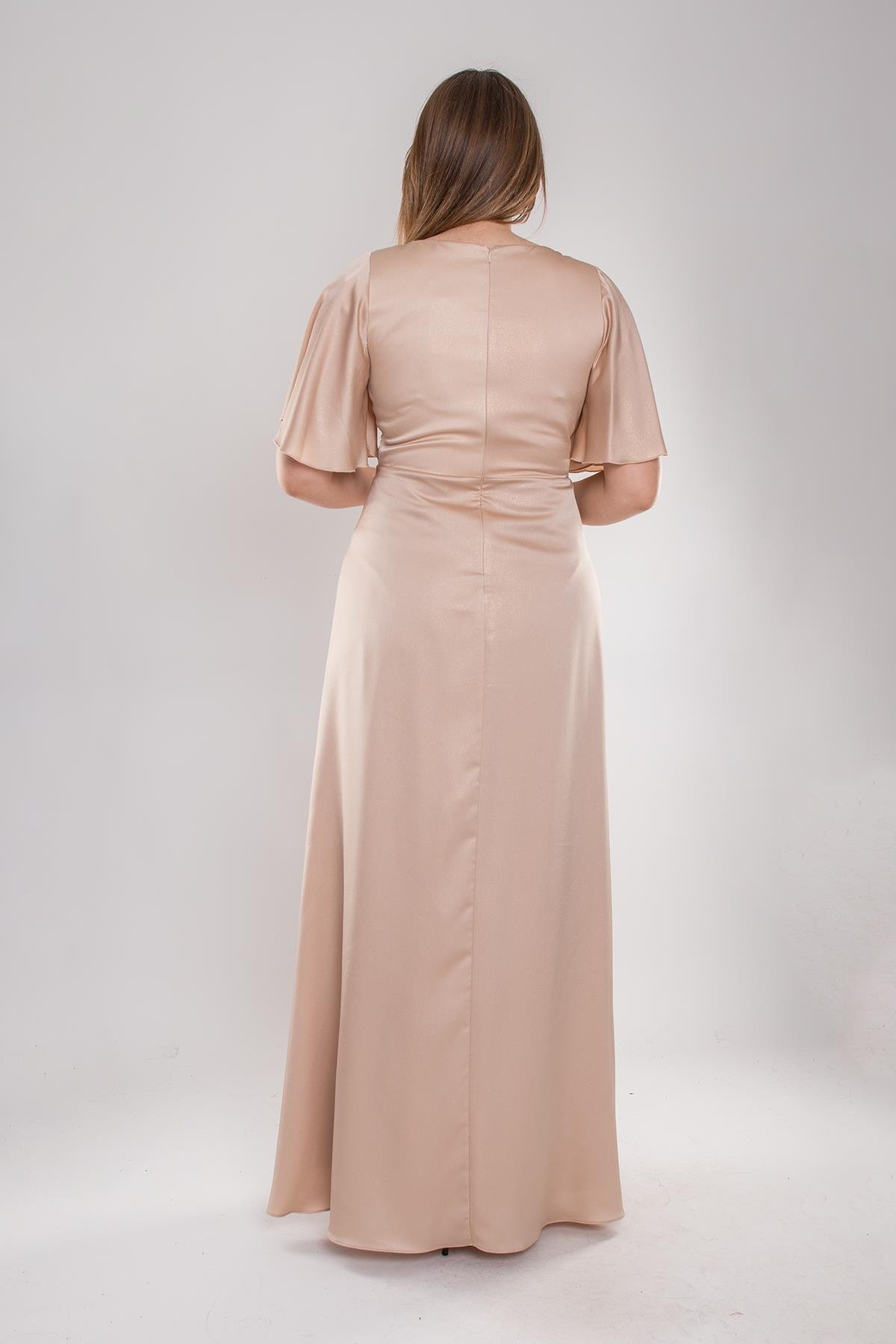 5048 Büyük Beden Kruvaze Yaka Kristal Saten Uzun Elbise