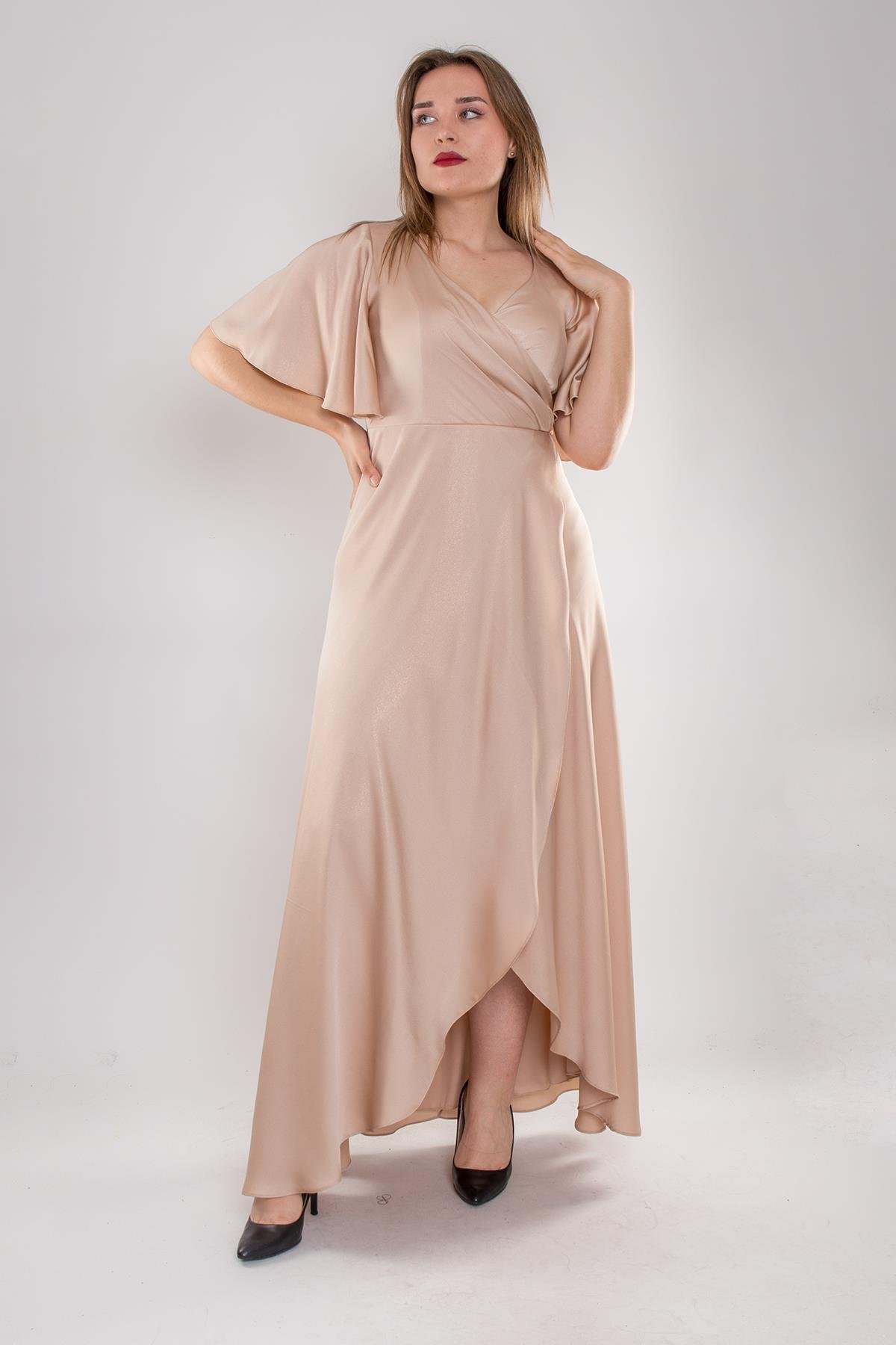 5048 Büyük Beden Kruvaze Yaka Kristal Saten Uzun Elbise