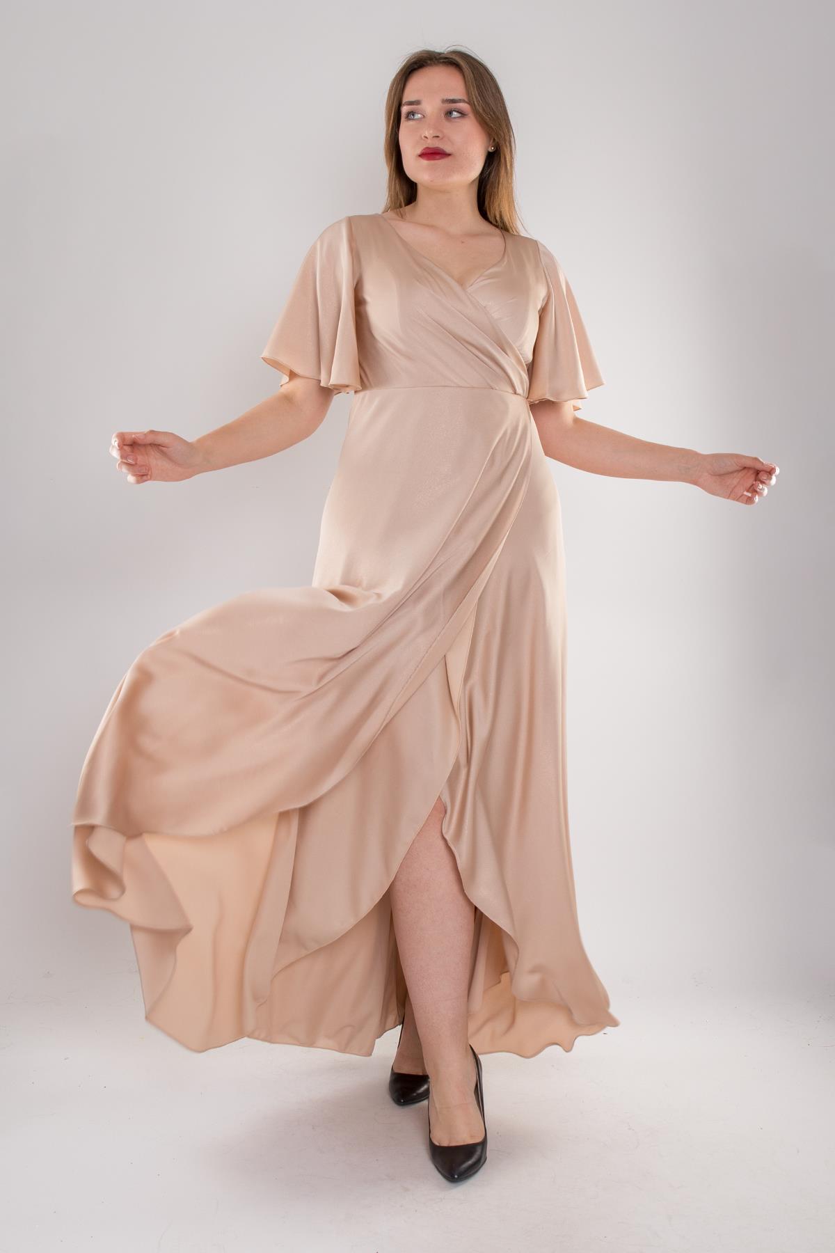 5048 Büyük Beden Kruvaze Yaka Kristal Saten Uzun Elbise