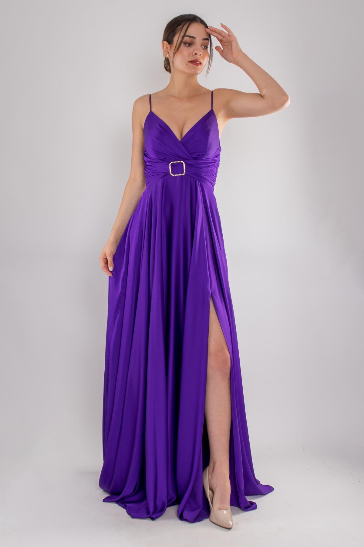 5059 İp Askılı Bel Taş Tokalı Kloş Saten Uzun Elbise