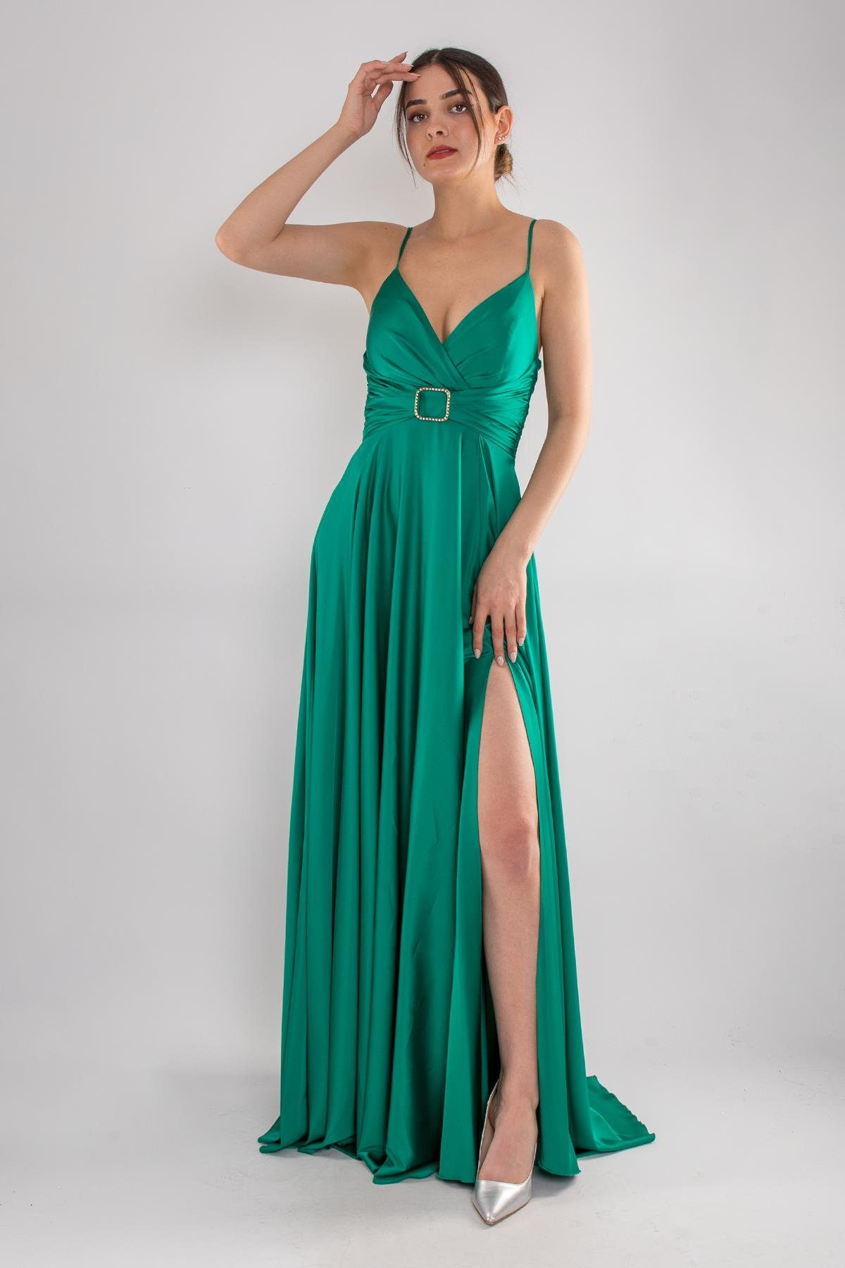 5059 İp Askılı Bel Taş Tokalı Kloş Saten Uzun Elbise