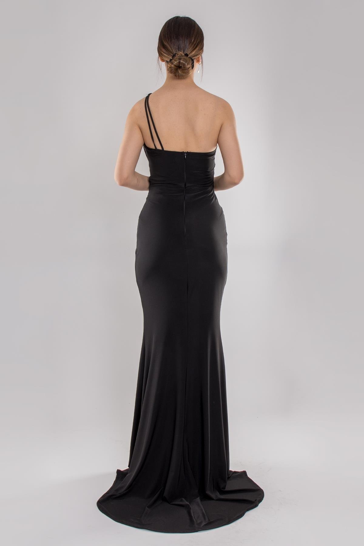 5059 Tek Omuz Drapeli Kristal Buzi Uzun Likralı Elbise