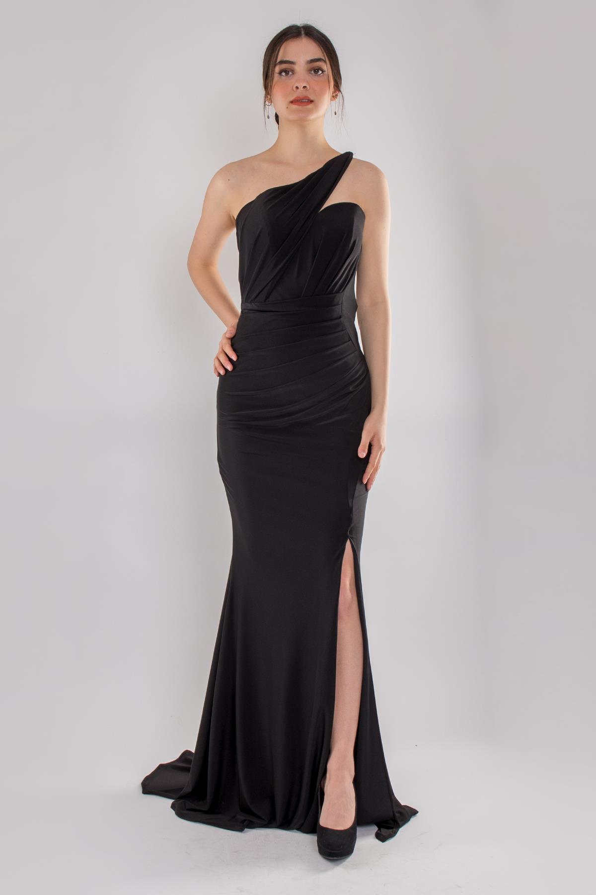 5059 Tek Omuz Drapeli Kristal Buzi Uzun Likralı Elbise