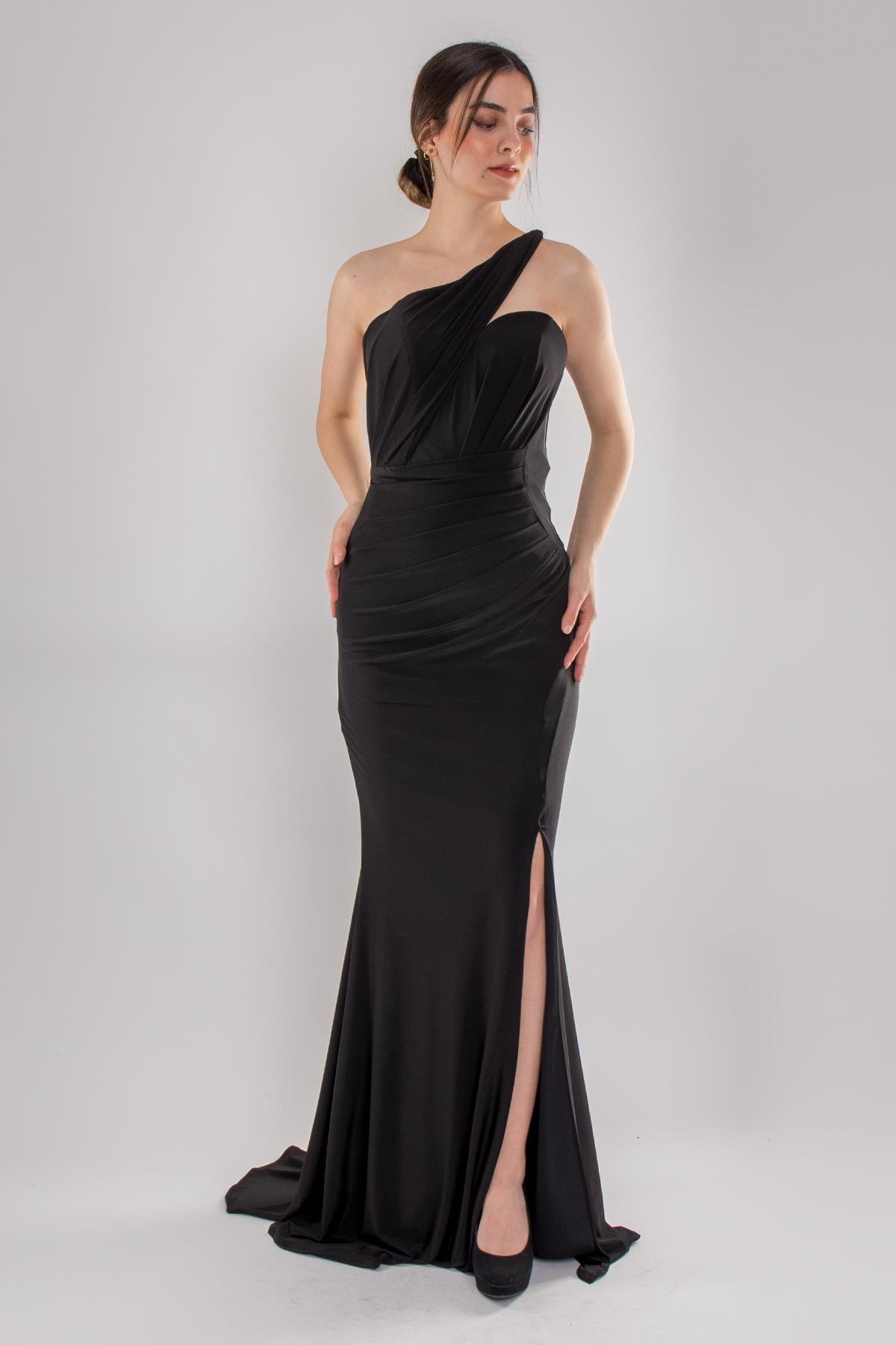 5059 Tek Omuz Drapeli Kristal Buzi Uzun Likralı Elbise