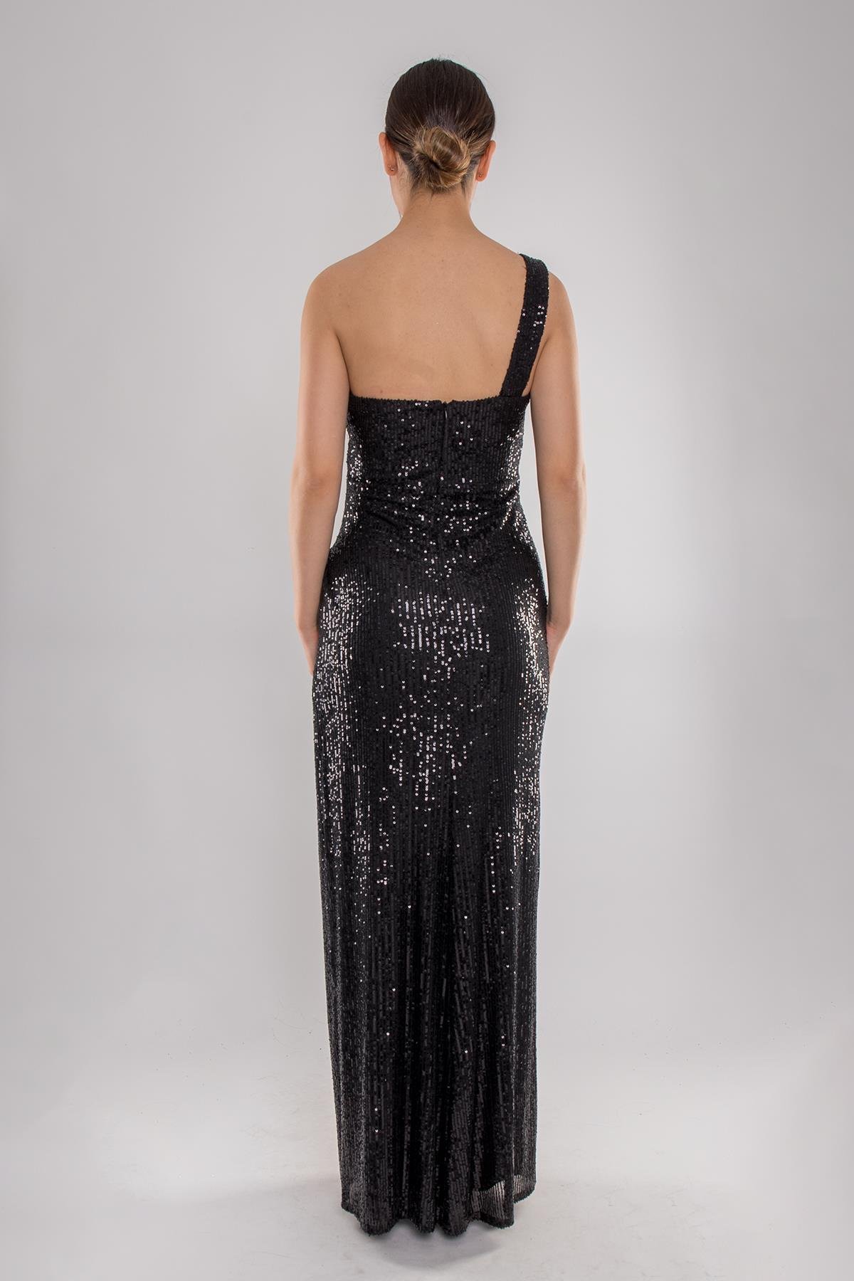 5061 İp Askı Kruvaze Yaka Beli Drape Pulpayet Uzun Elbise