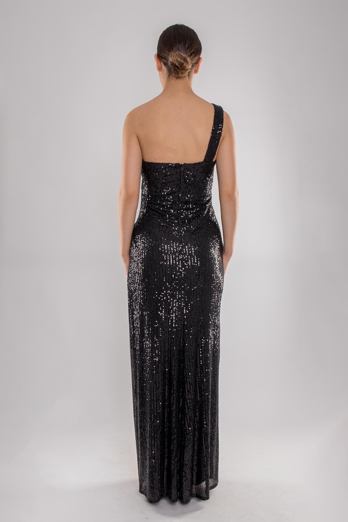 5061 İp Askı Kruvaze Yaka Beli Drape Pulpayet Uzun Elbise