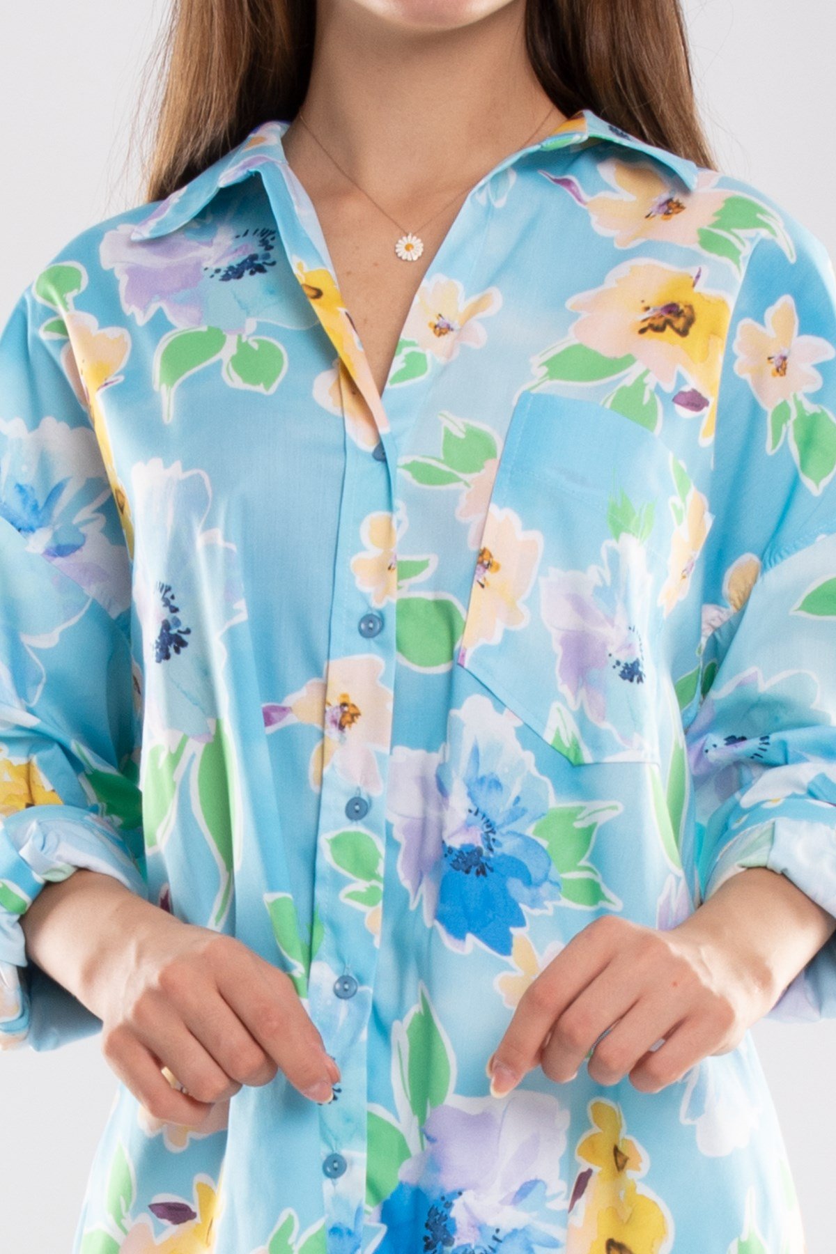 50614 Truvakar Kol Katlamalı Çiçek Desen Gömlek