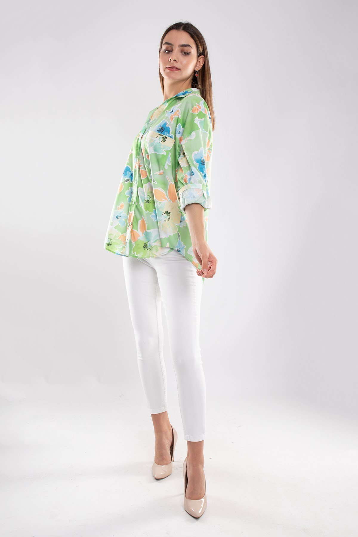 50614 Truvakar Kol Katlamalı Çiçek Desen Gömlek