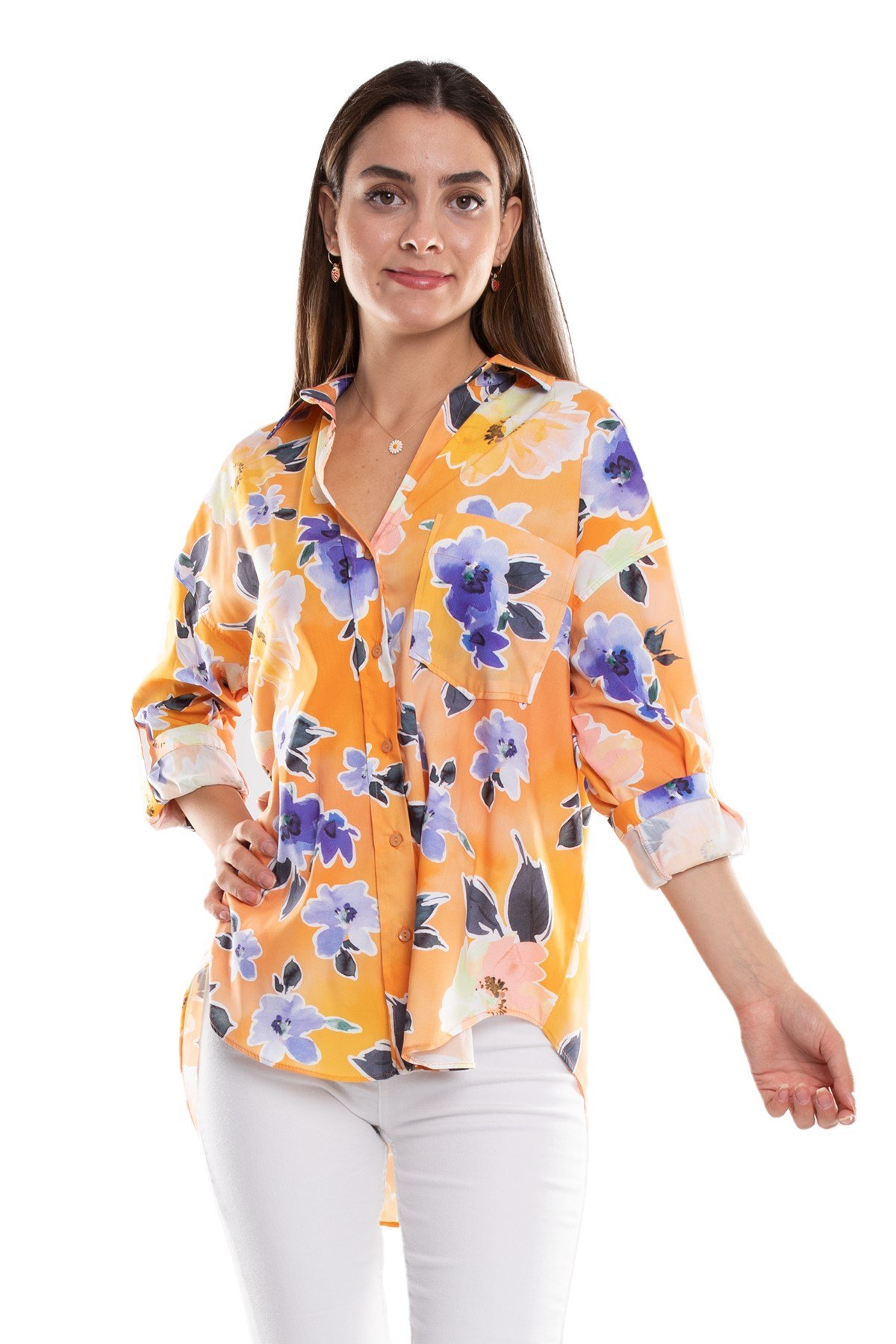 50614 Truvakar Kol Katlamalı Çiçek Desen Gömlek