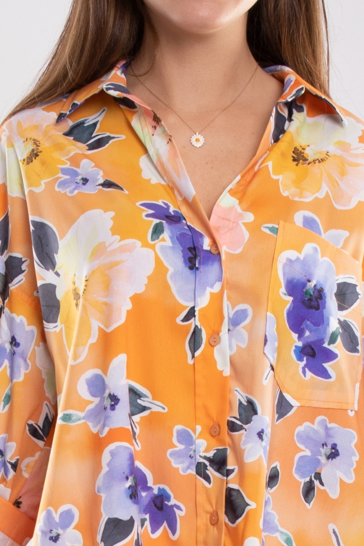 50614 Truvakar Kol Katlamalı Çiçek Desen Gömlek