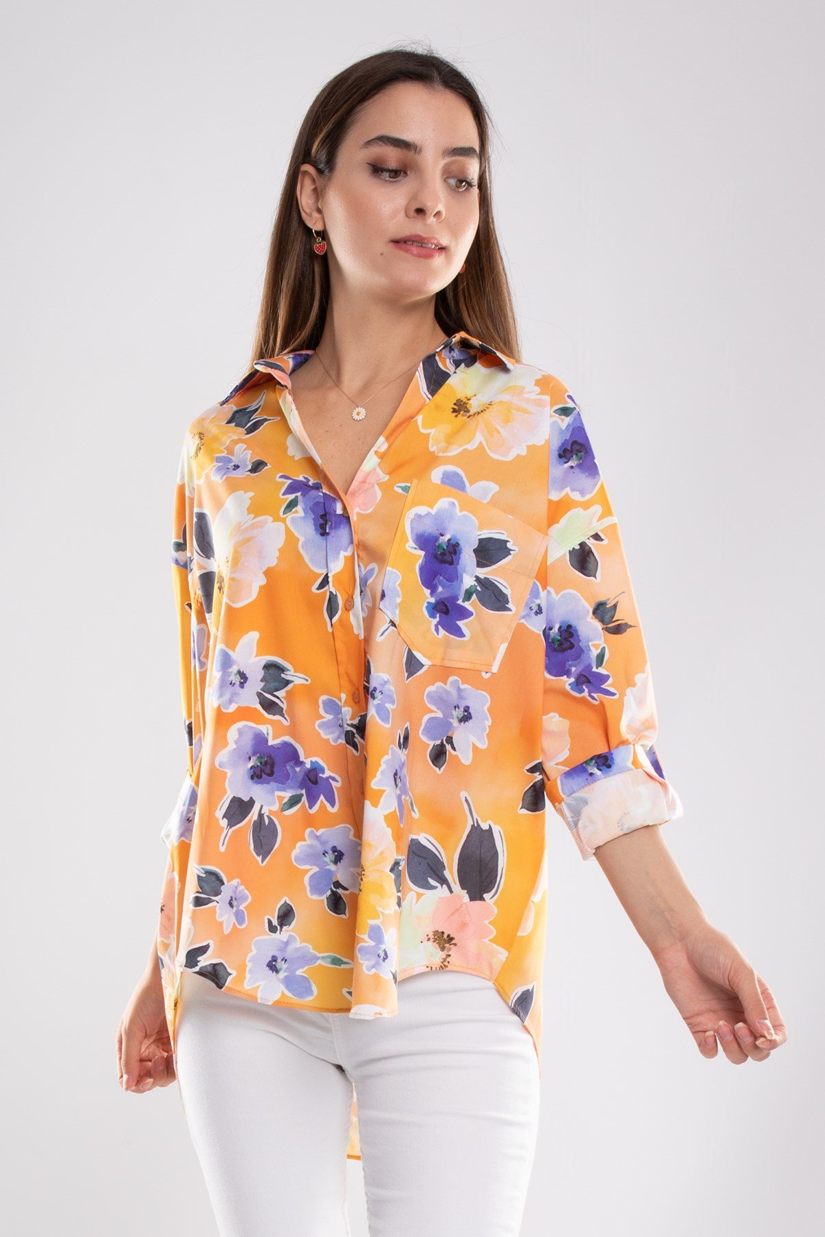 50614 Truvakar Kol Katlamalı Çiçek Desen Gömlek