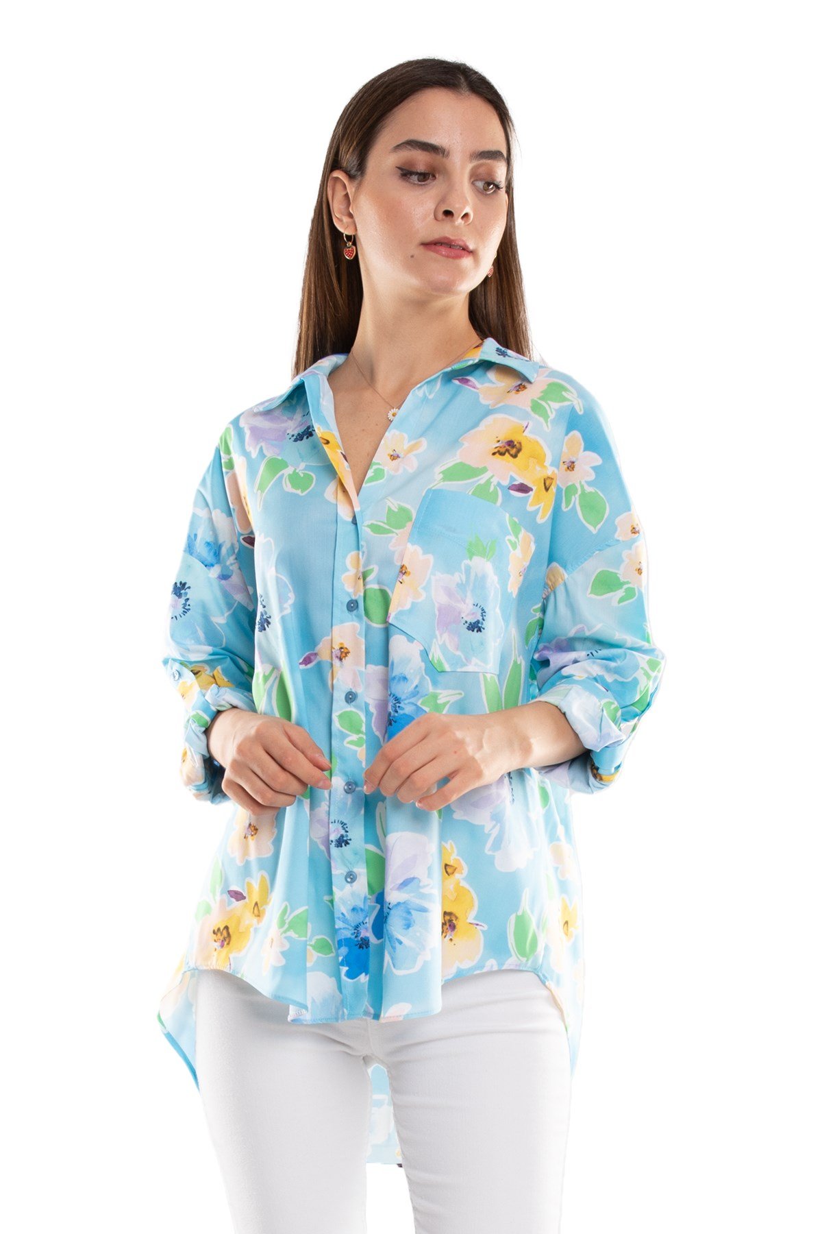 50614 Truvakar Kol Katlamalı Çiçek Desen Gömlek