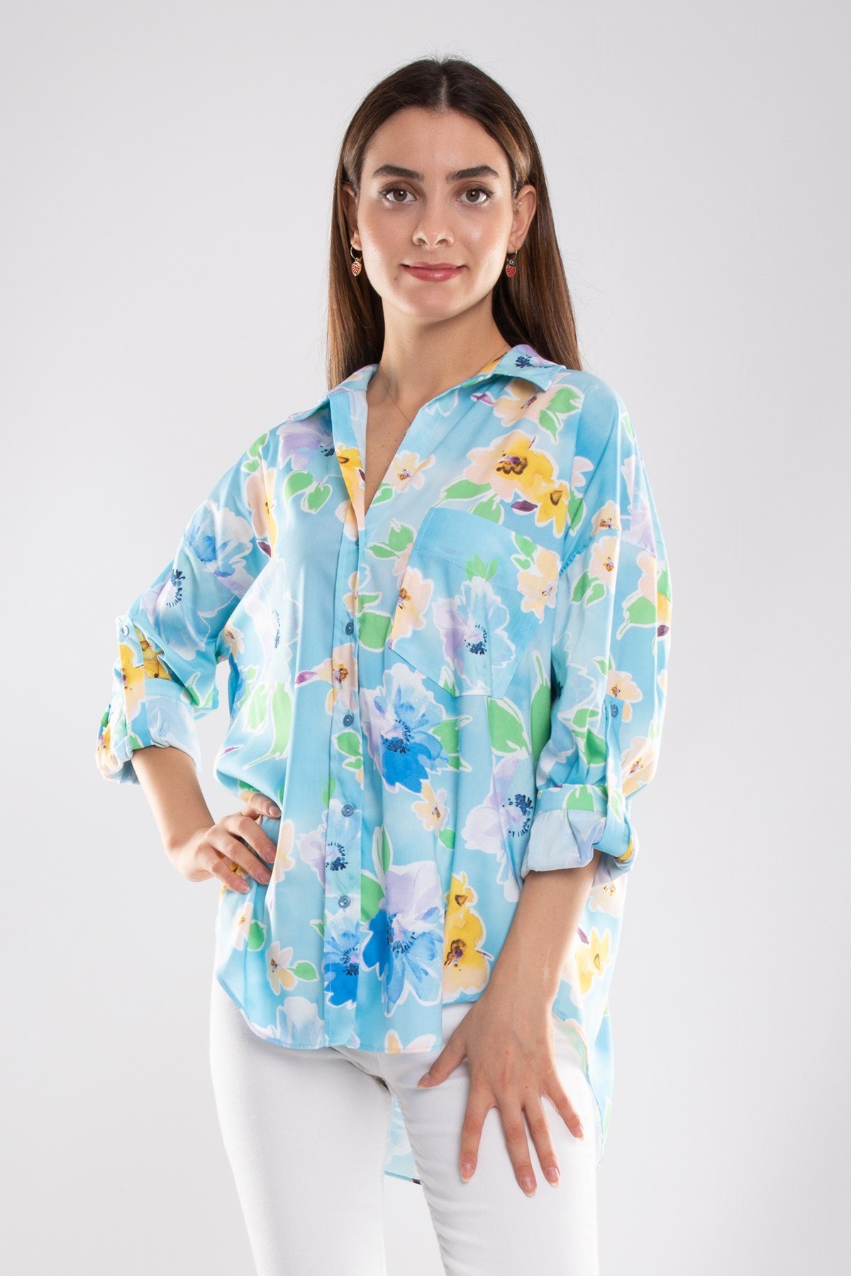 50614 Truvakar Kol Katlamalı Çiçek Desen Gömlek