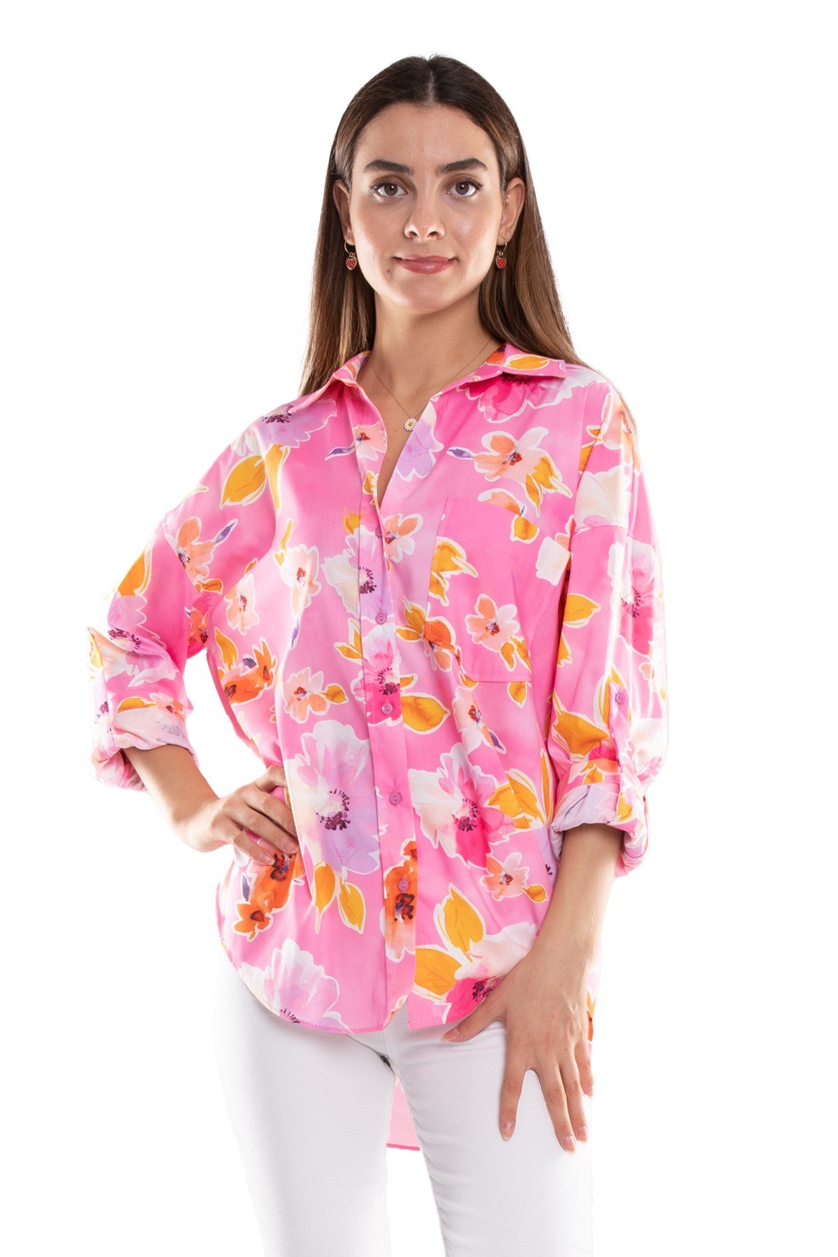 50614 Truvakar Kol Katlamalı Çiçek Desen Gömlek