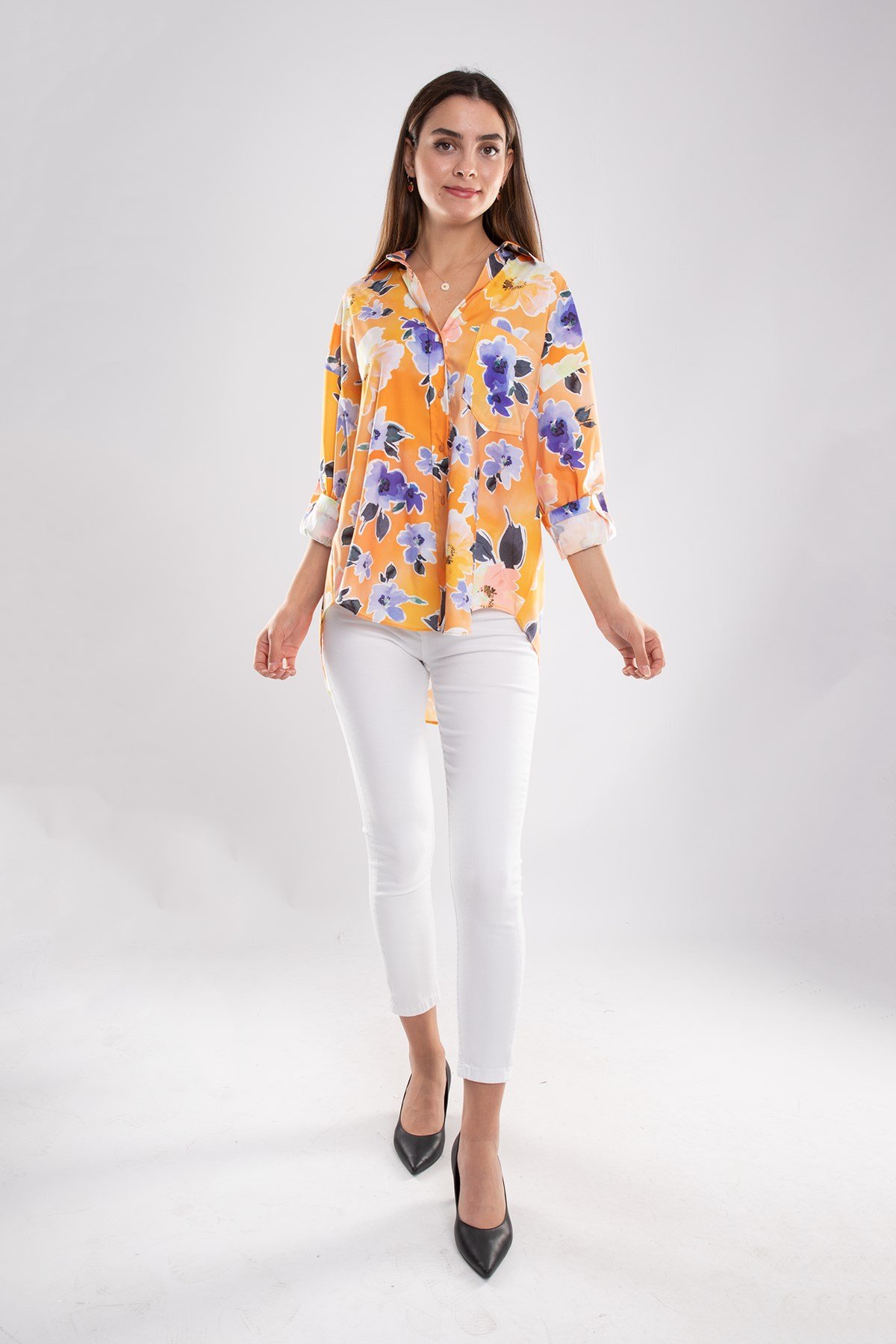 50614 Truvakar Kol Katlamalı Çiçek Desen Gömlek