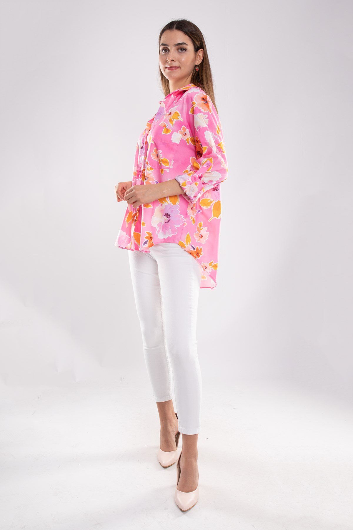 50614 Truvakar Kol Katlamalı Çiçek Desen Gömlek