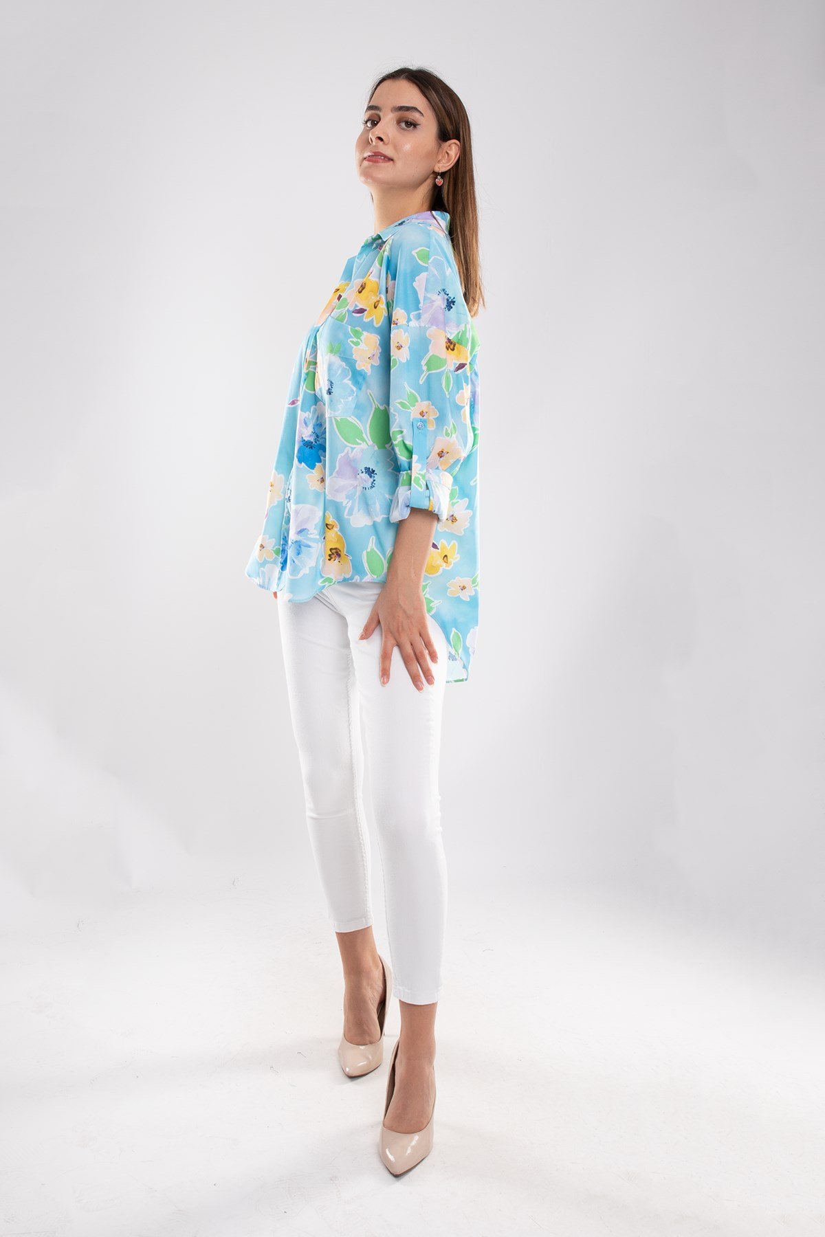 50614 Truvakar Kol Katlamalı Çiçek Desen Gömlek