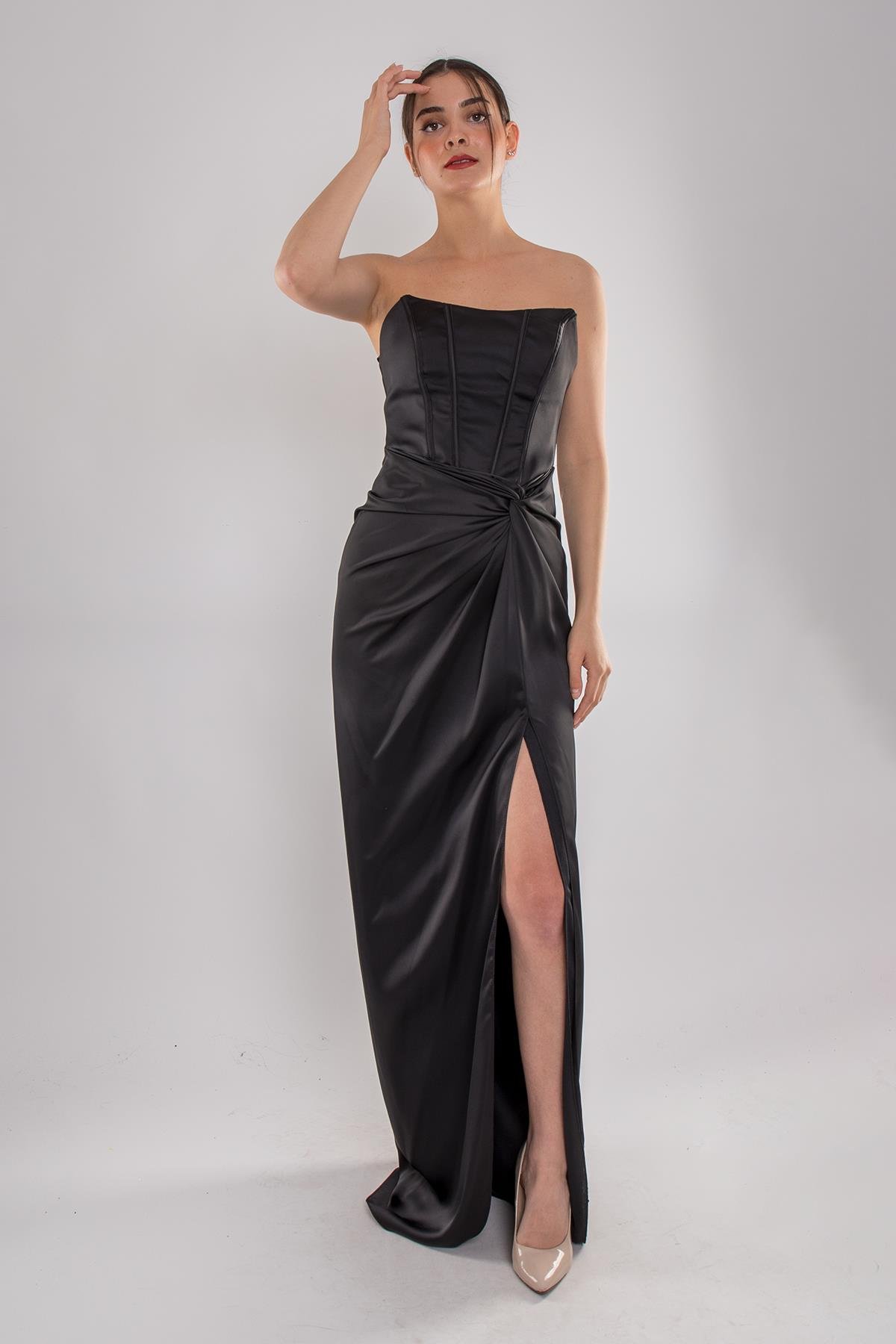 5062 Straplez Göğüs Balen Önü Büzgülü Uzun Saten Elbise