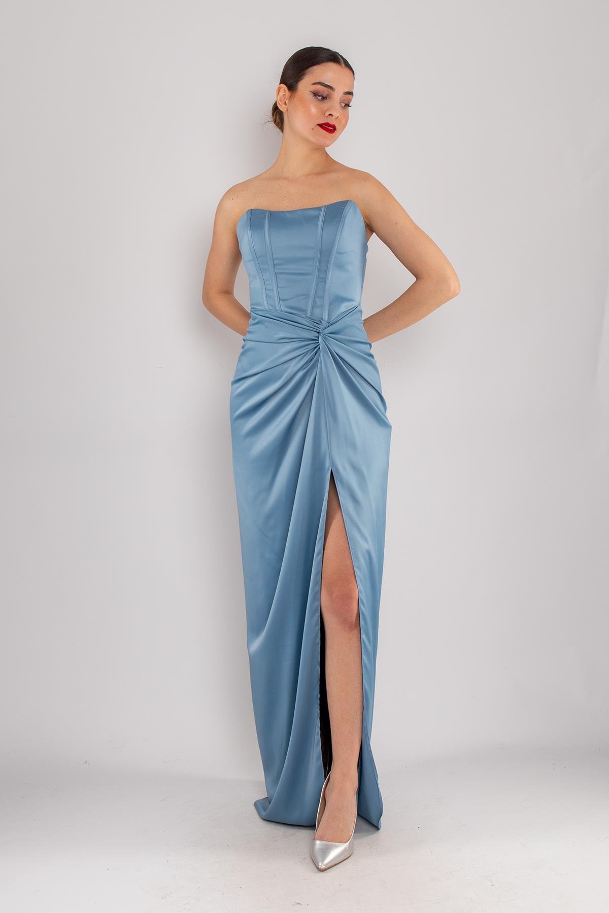 5062 Straplez Göğüs Balen Önü Büzgülü Uzun Saten Elbise