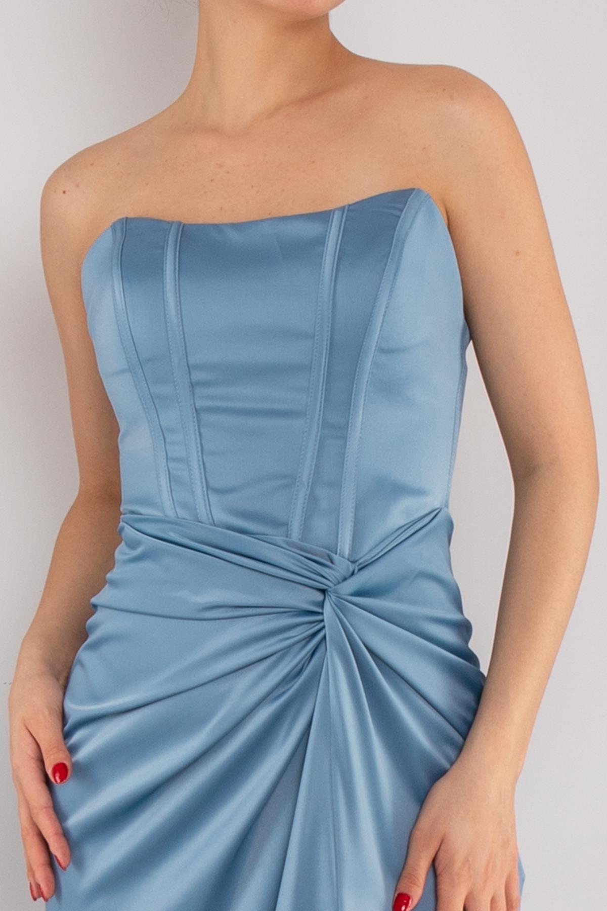 5062 Straplez Göğüs Balen Önü Büzgülü Uzun Saten Elbise