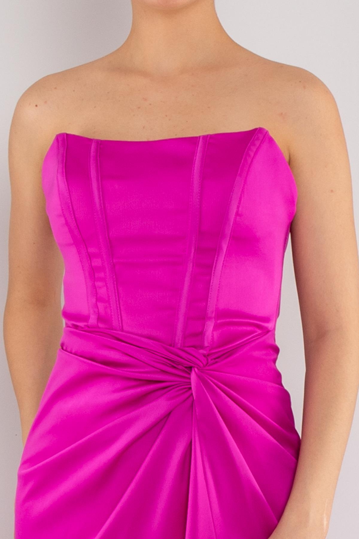 5062 Straplez Göğüs Balen Önü Büzgülü Uzun Saten Elbise