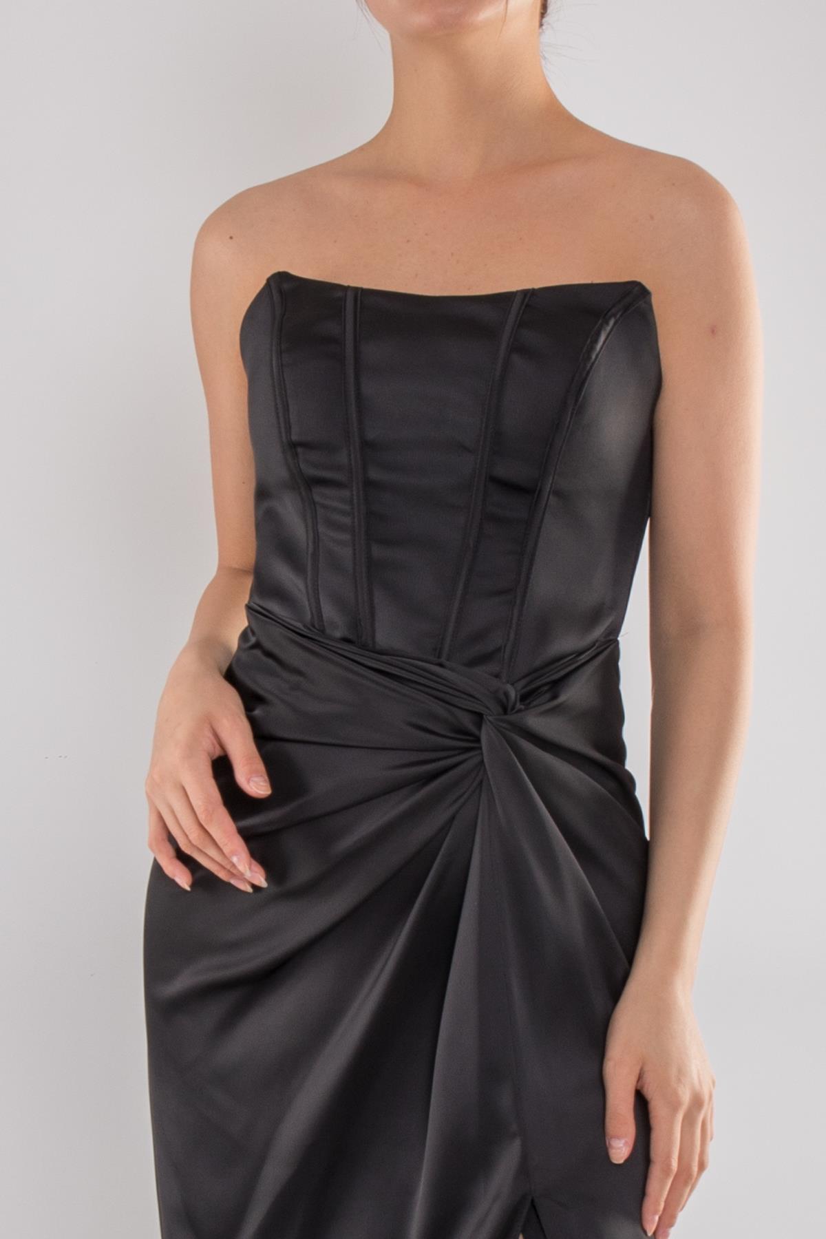 5062 Straplez Göğüs Balen Önü Büzgülü Uzun Saten Elbise