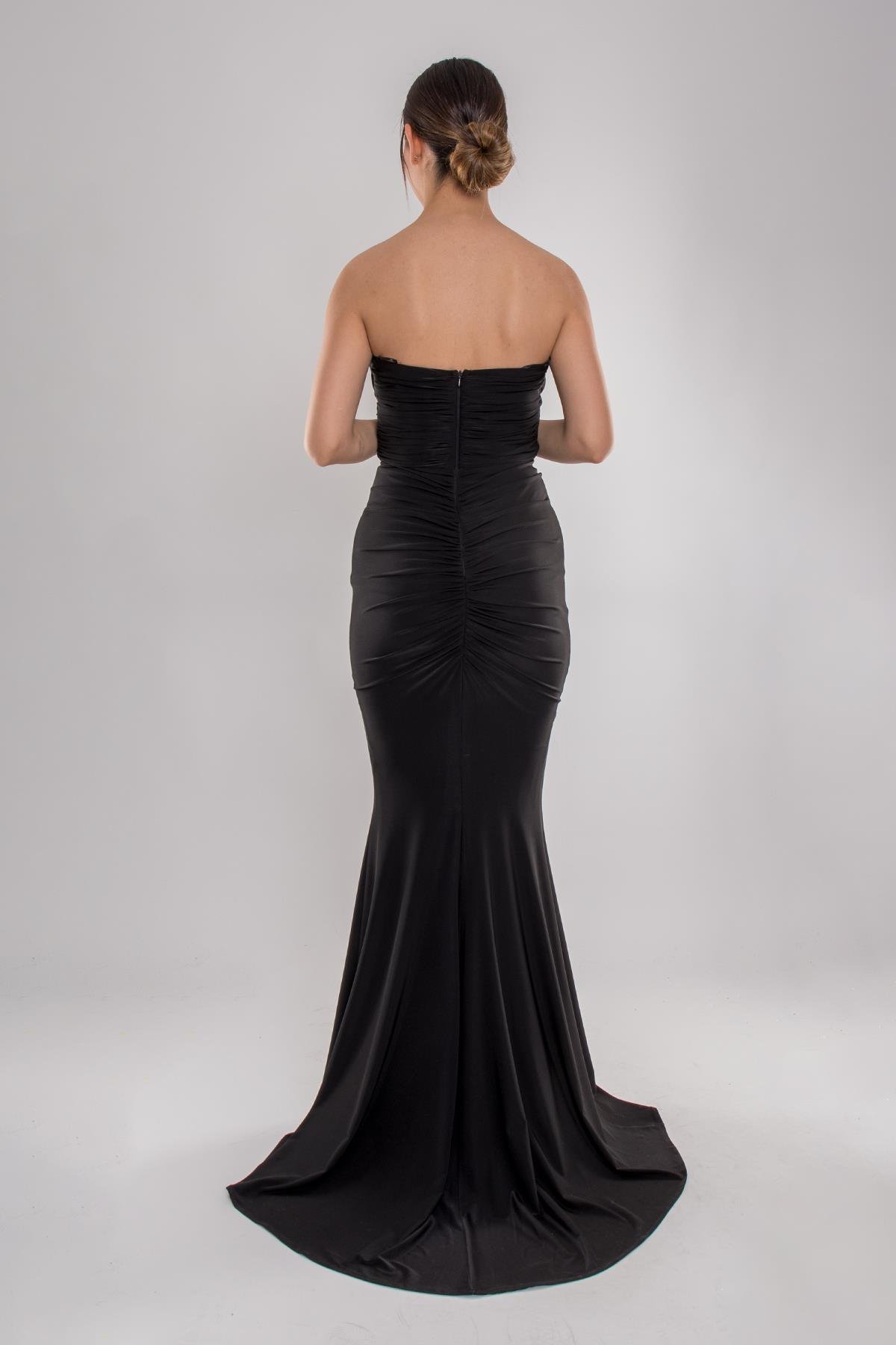 5064 Straplez Gögüs Dikyaka Önü Büzgülü Kristal Buzi Uzun Elbise