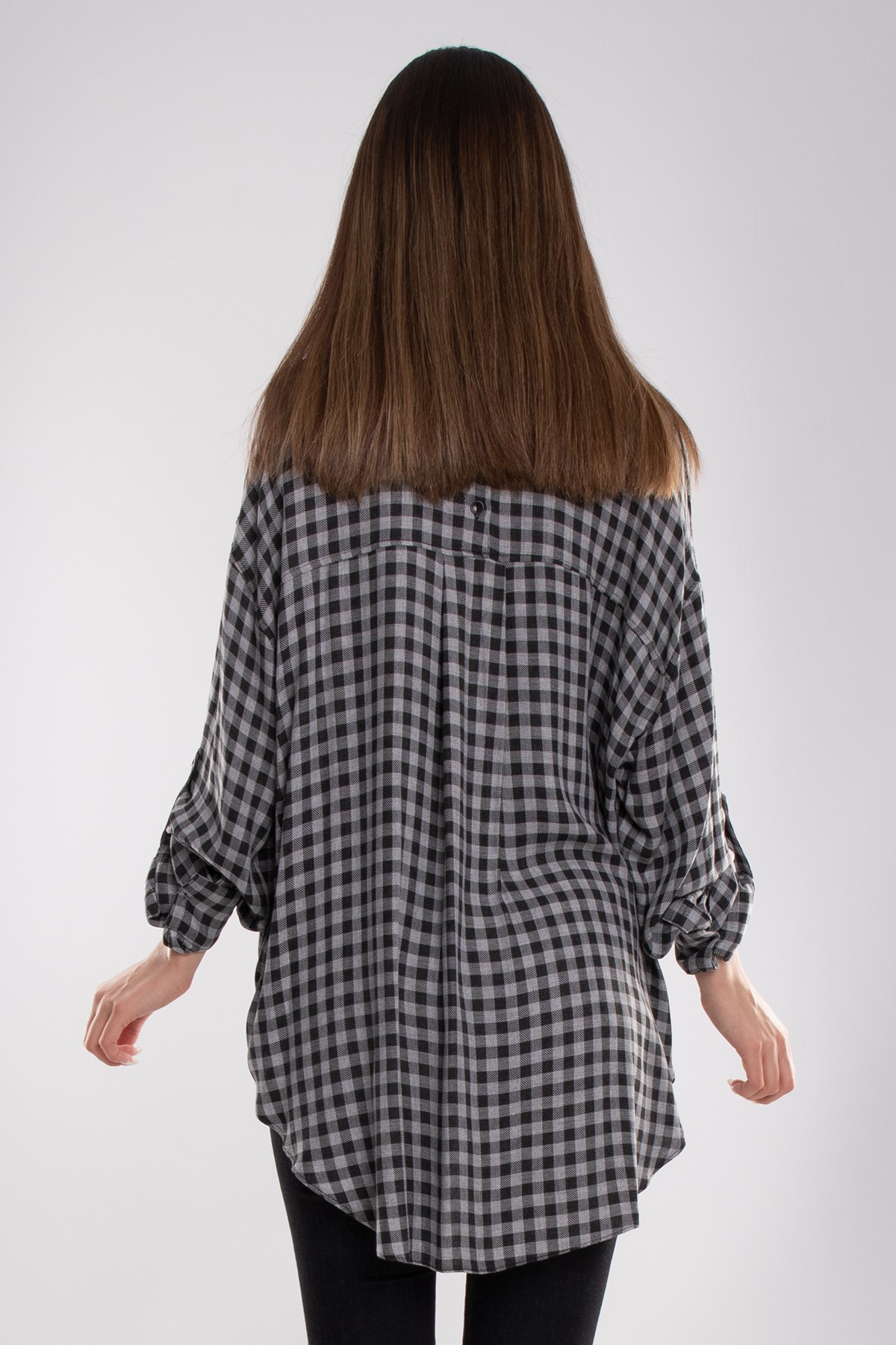 50649 Düğmeli Taş Detay Kareli Kadın Gömlek