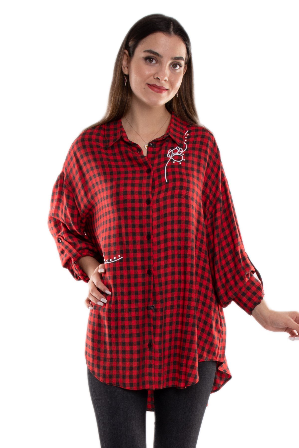 50649 Düğmeli Taş Detay Kareli Kadın Gömlek