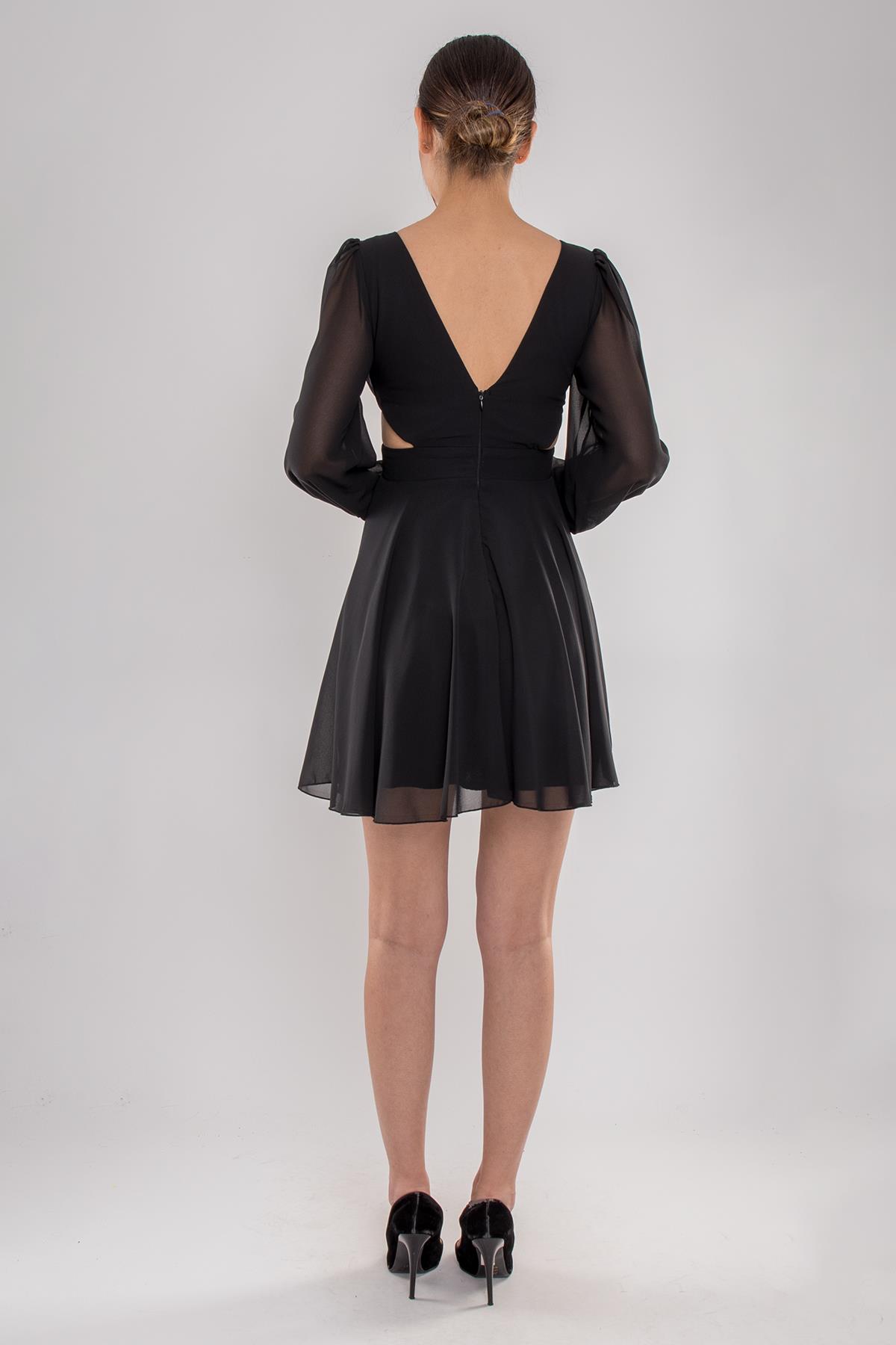 5065 Derin V Yaka Uzun Kol Yanları Dekolte Şifon Kısa Elbise