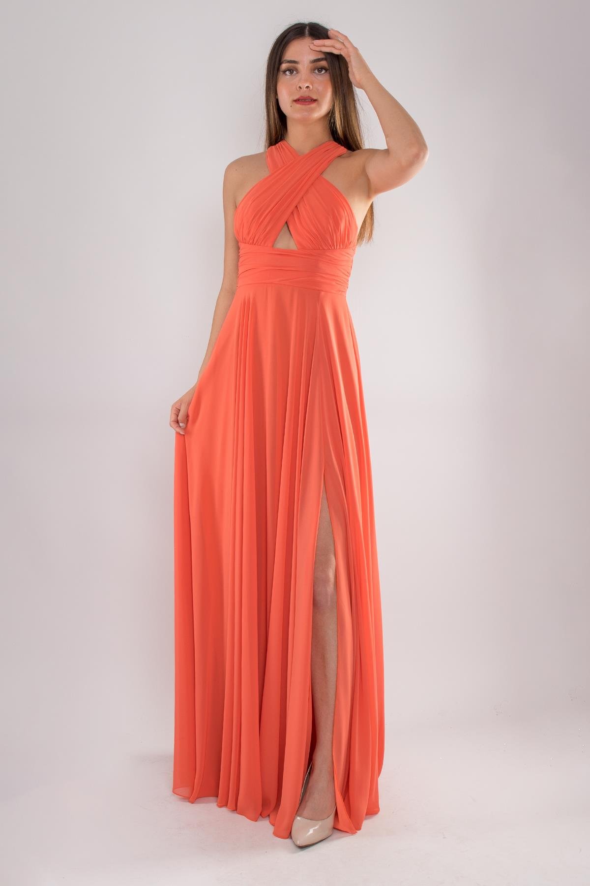 5070 Çapraz Kalın Askı Şifon Uzun Kloş Elbise