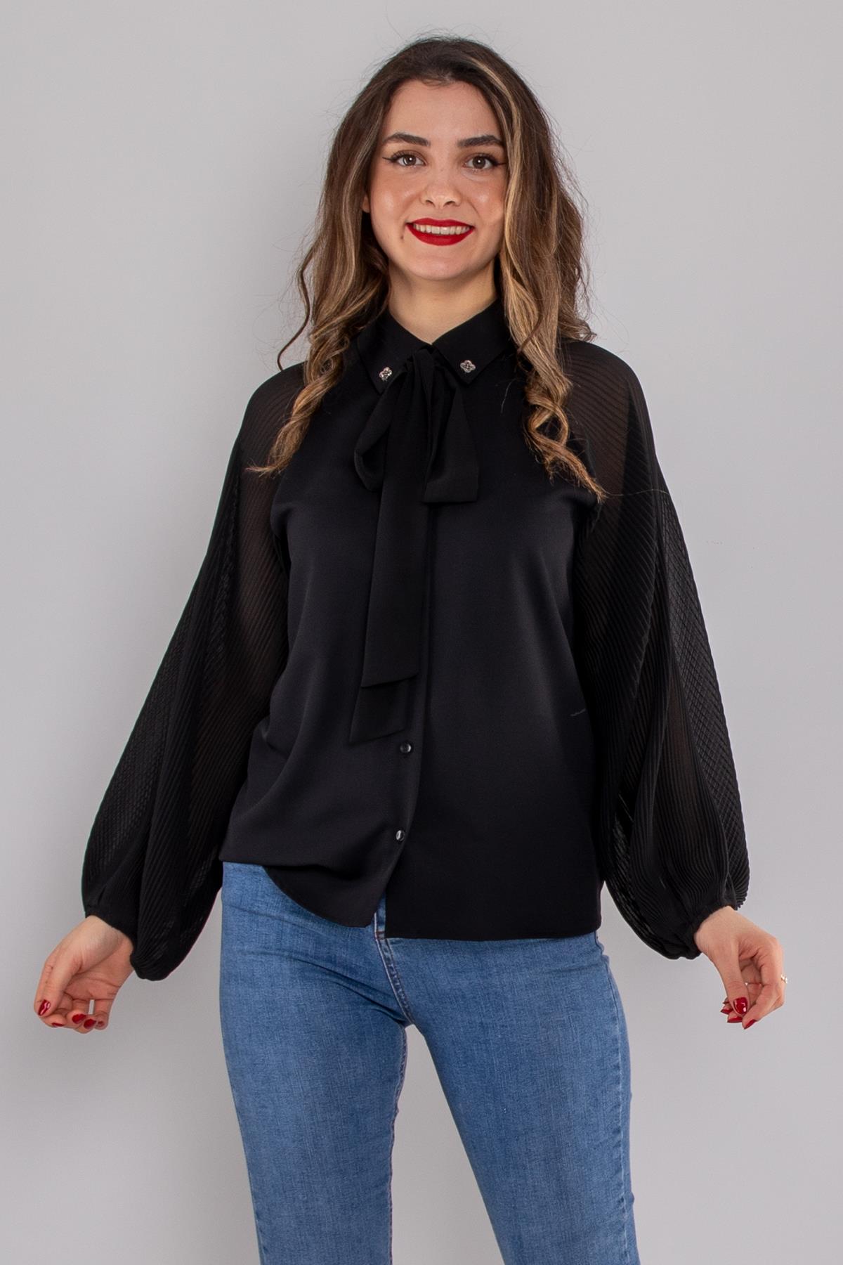 50730 Tül Akordion Kol Yaka Bağlamalı Şifon Bluz