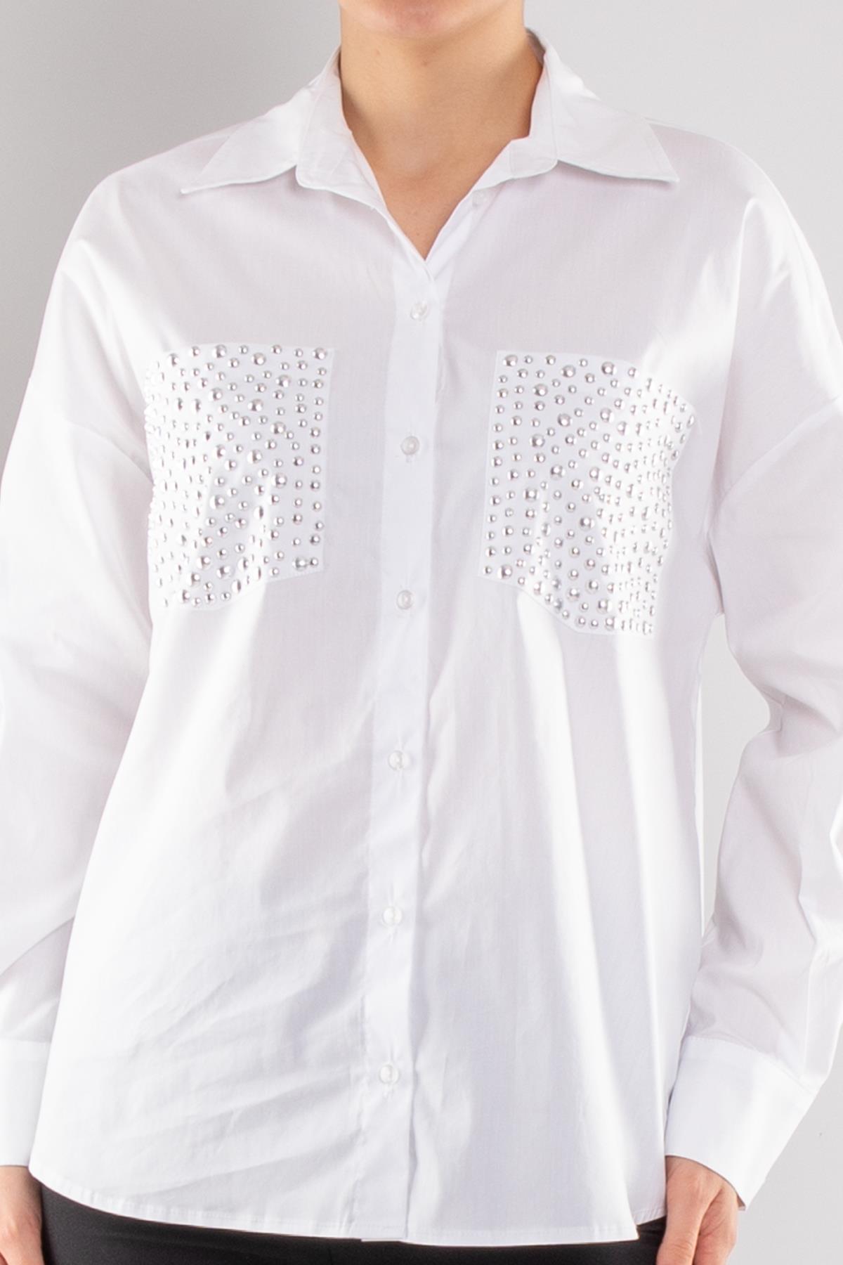 50733 Taşlı Cep Detay Pamuklu Gömlek